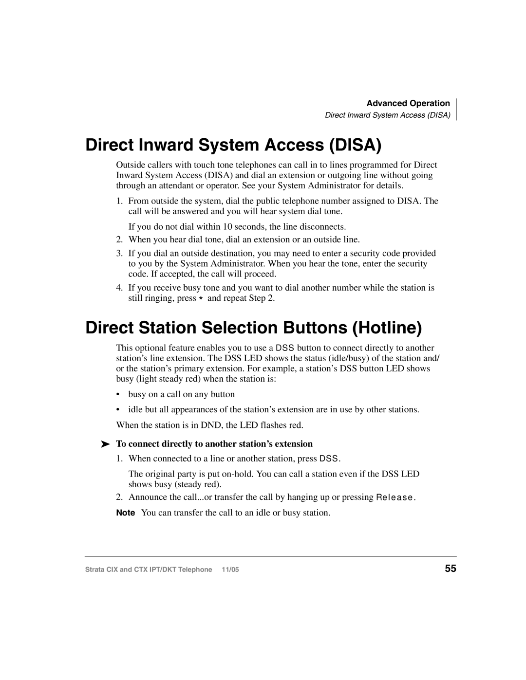 Toshiba Strata IPT, Strata DKT manual Direct Inward System Access Disa, Direct Station Selection Buttons Hotline 