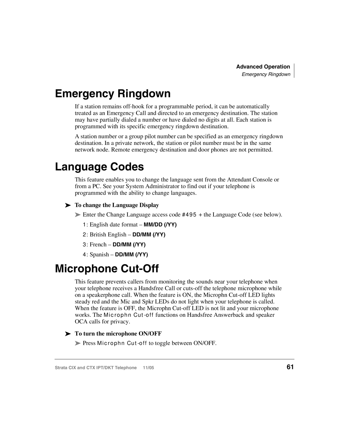 Toshiba Strata IPT, Strata DKT manual Emergency Ringdown, Language Codes, Microphone Cut-Off, To change the Language Display 