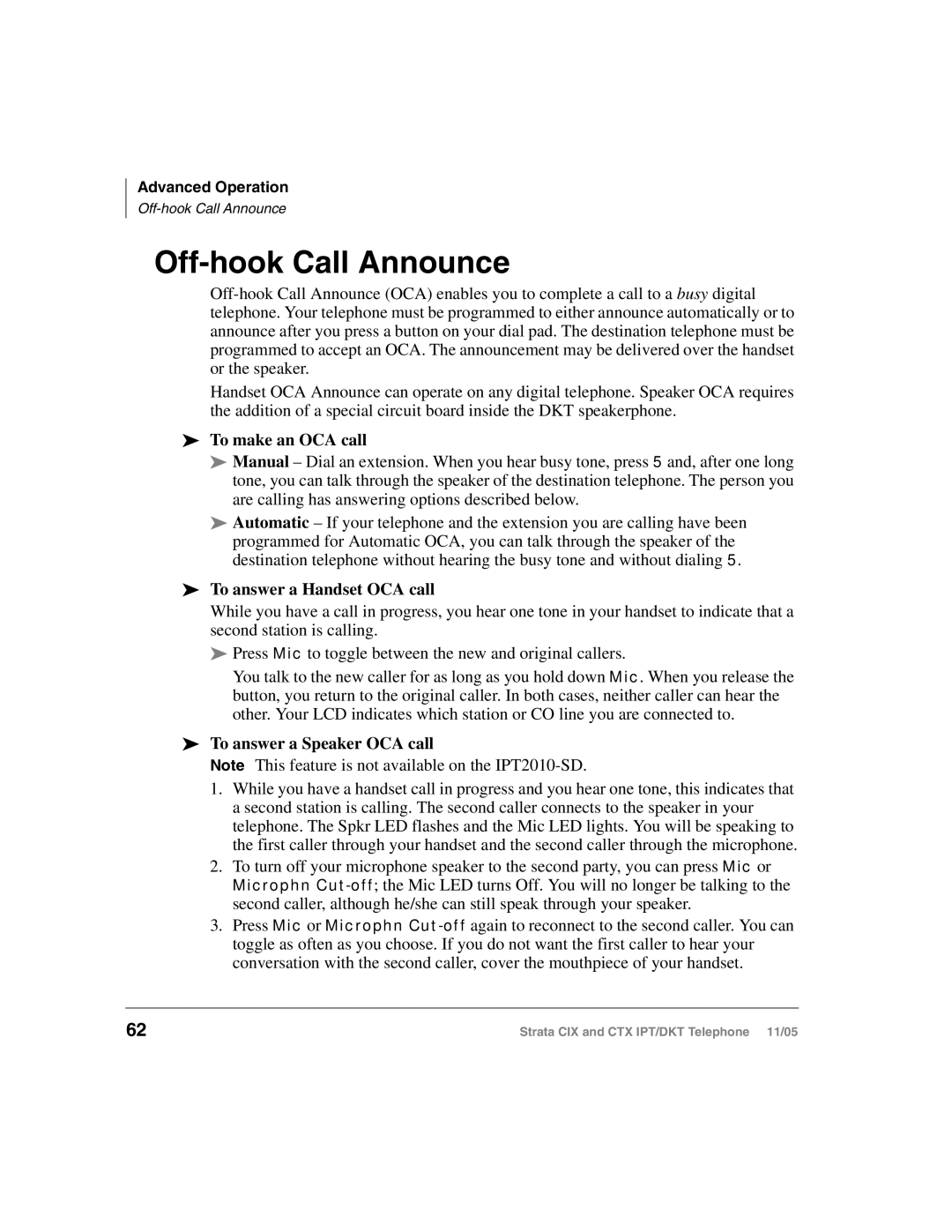 Toshiba Strata DKT Off-hook Call Announce, To make an OCA call, To answer a Handset OCA call, To answer a Speaker OCA call 