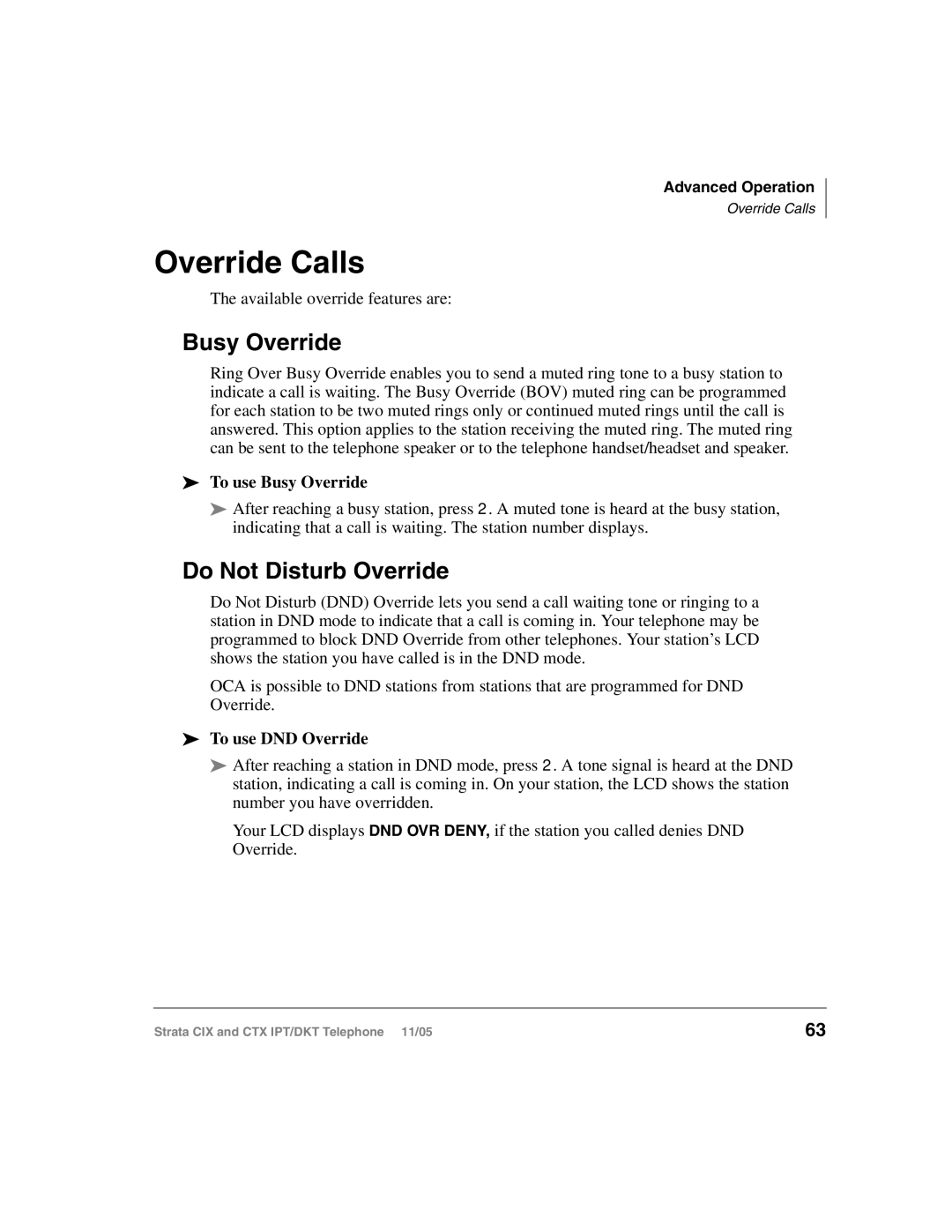 Toshiba Strata IPT, Strata DKT manual Override Calls, Do Not Disturb Override, To use Busy Override, To use DND Override 