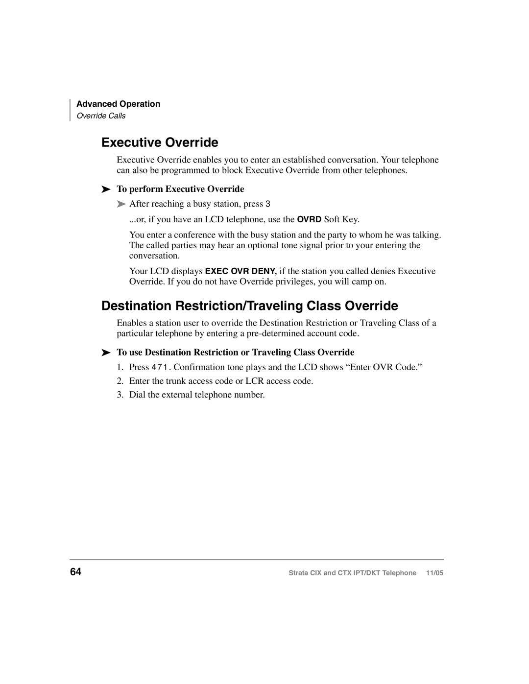 Toshiba Strata DKT, Strata IPT manual Destination Restriction/Traveling Class Override, To perform Executive Override 