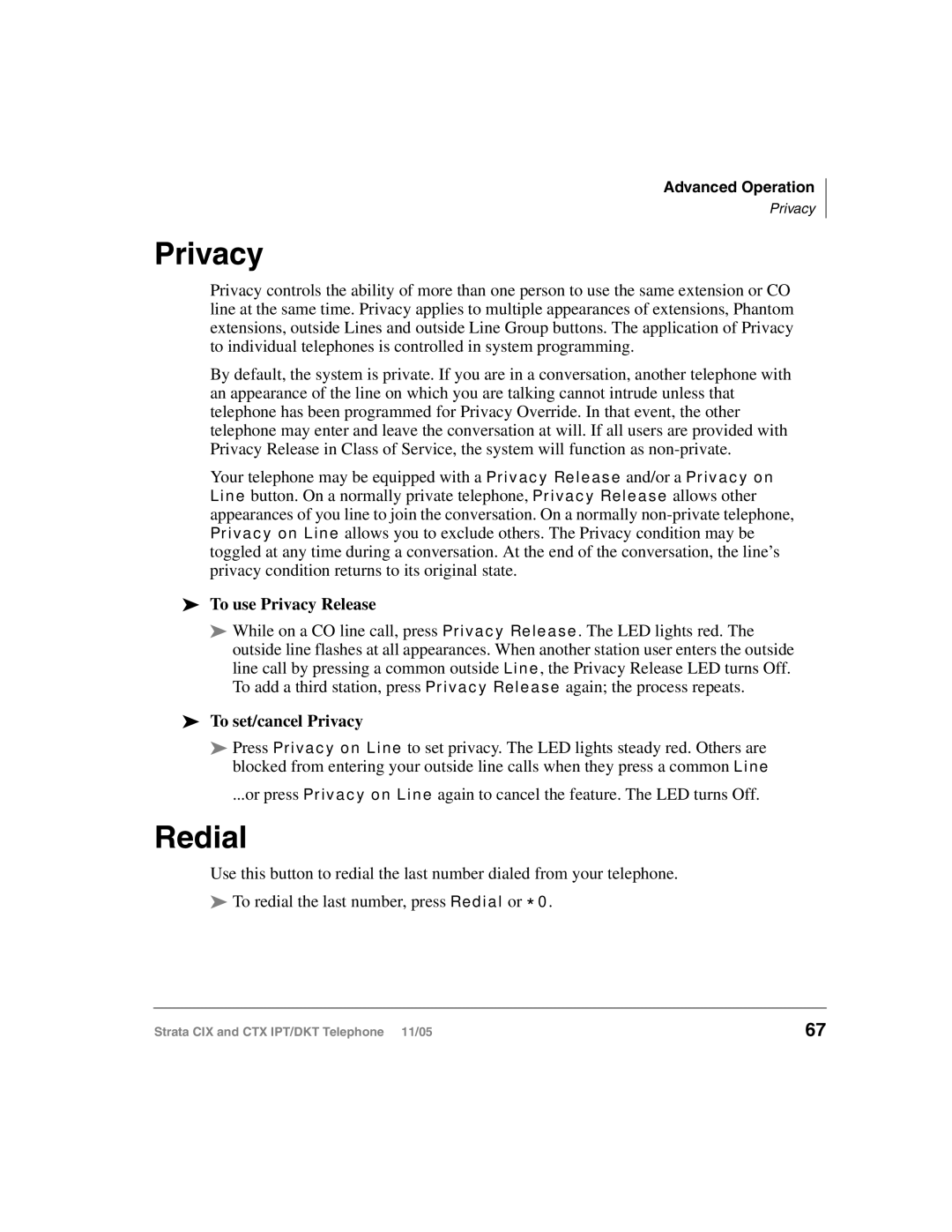 Toshiba Strata IPT, Strata DKT manual Redial, To use Privacy Release, To set/cancel Privacy 