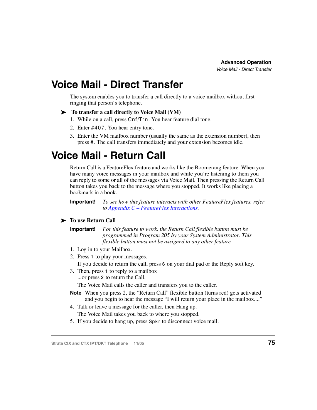 Toshiba Strata IPT, Strata DKT manual Voice Mail Direct Transfer, Voice Mail Return Call, To use Return Call 