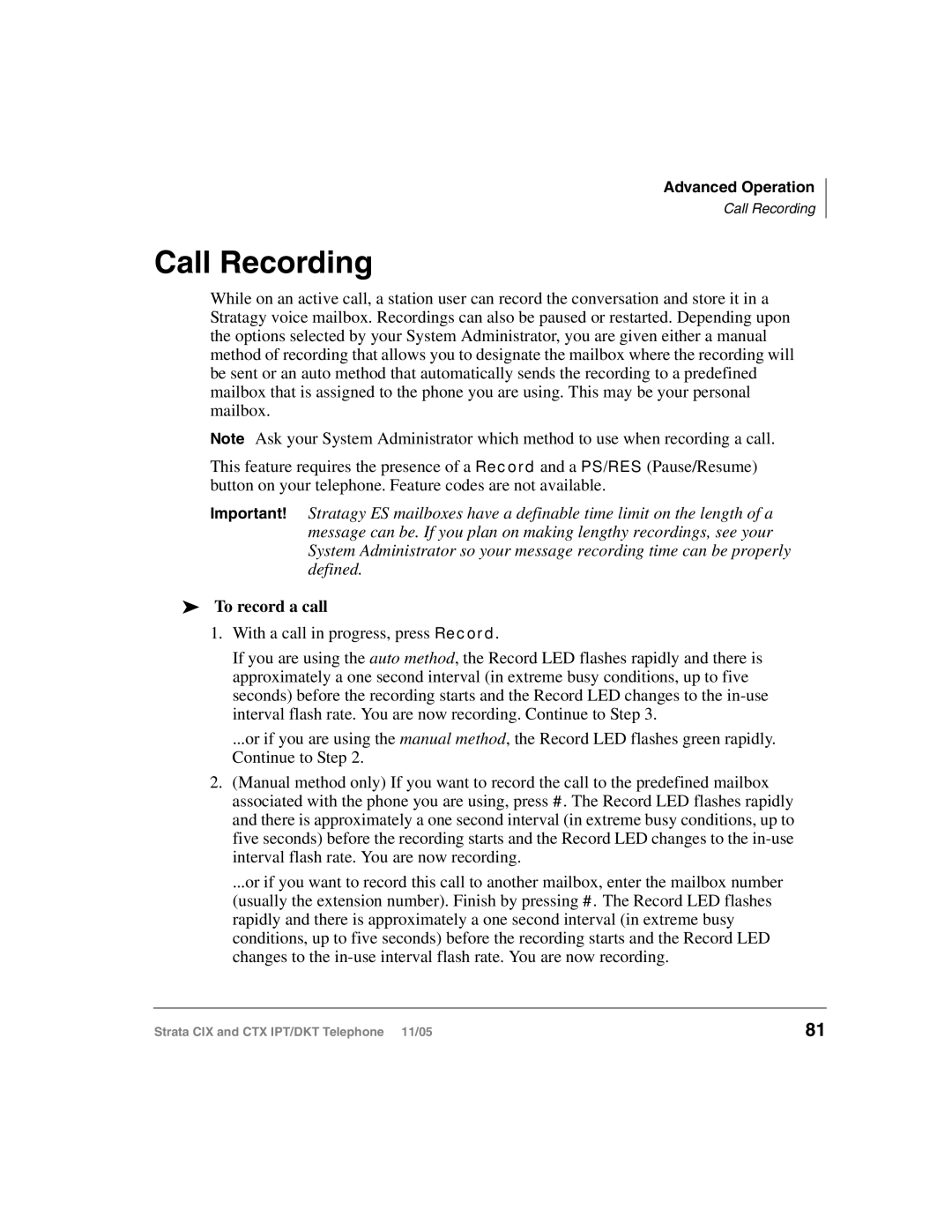 Toshiba Strata IPT, Strata DKT manual Call Recording, To record a call 