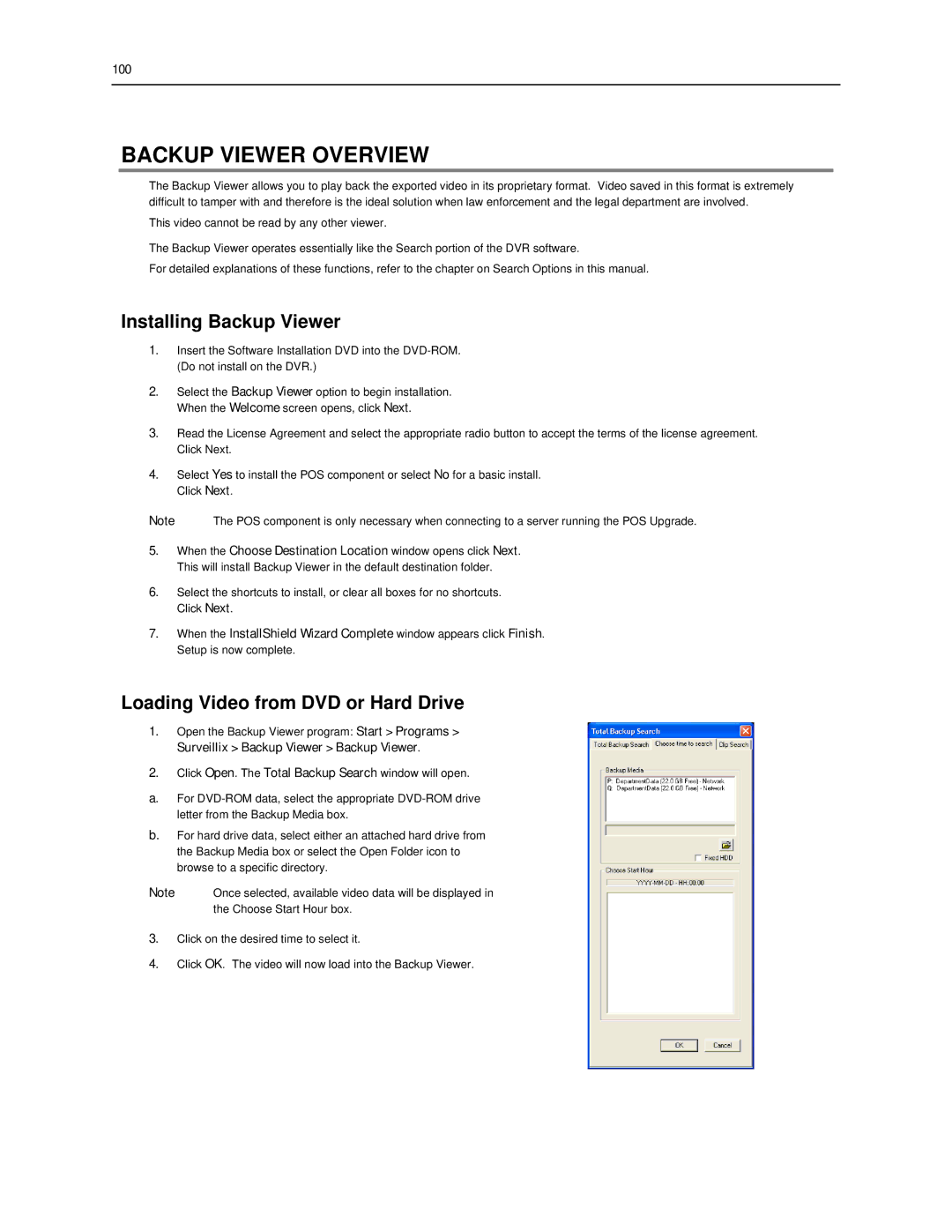 Toshiba SWIP-16, SWIP-32 Backup Viewer Overview, Installing Backup Viewer, Loading Video from DVD or Hard Drive, 100 