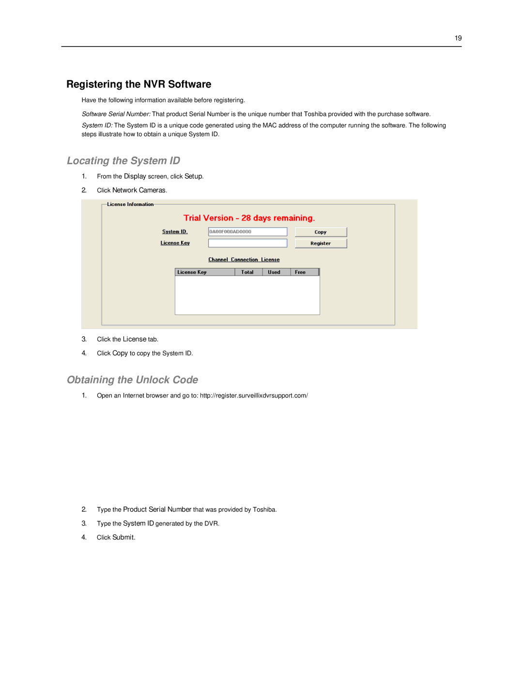 Toshiba SWIP-16 Registering the NVR Software, Locating the System ID, Obtaining the Unlock Code, Click Network Cameras 