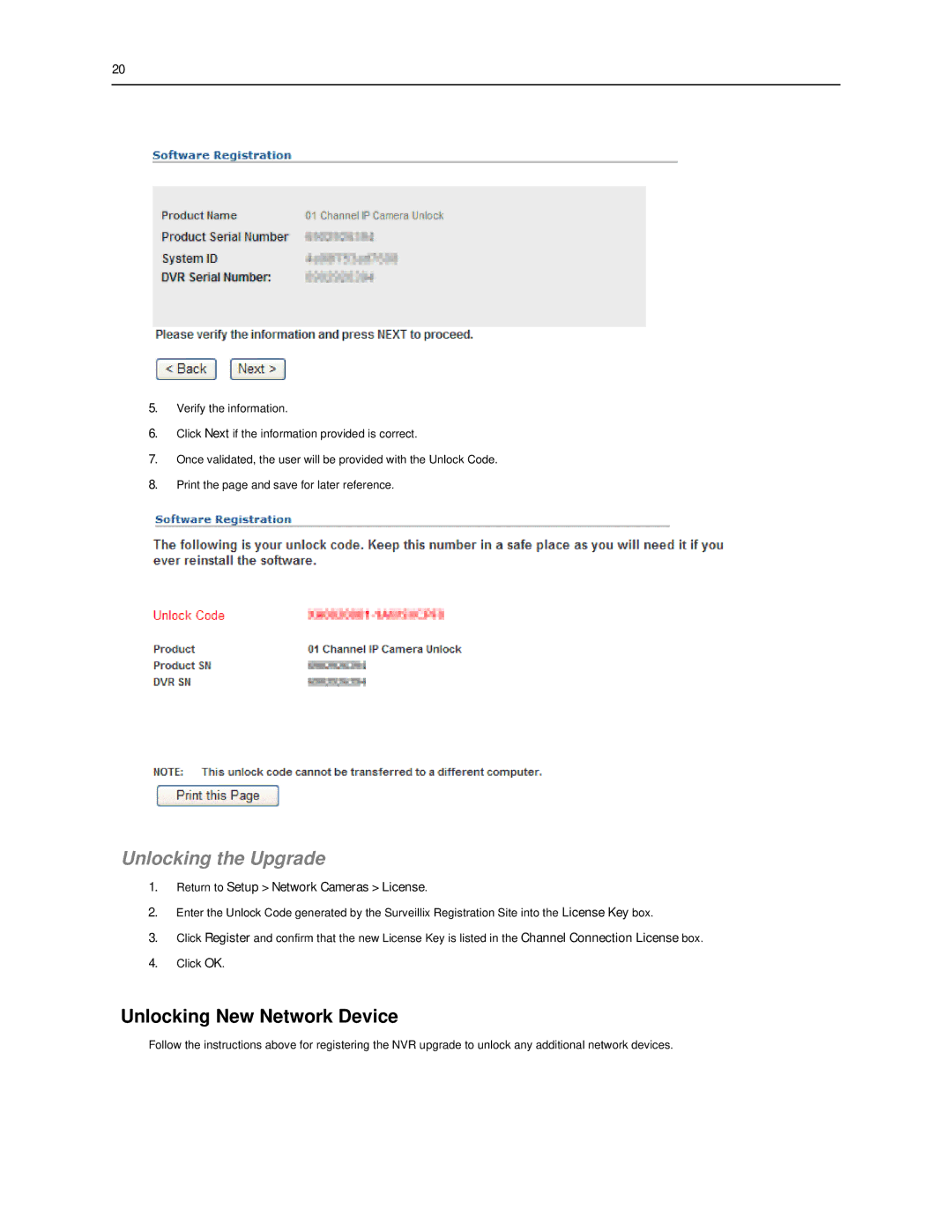 Toshiba SWIP-8, SWIP-32 Unlocking the Upgrade, Unlocking New Network Device, Return to Setup Network Cameras License 