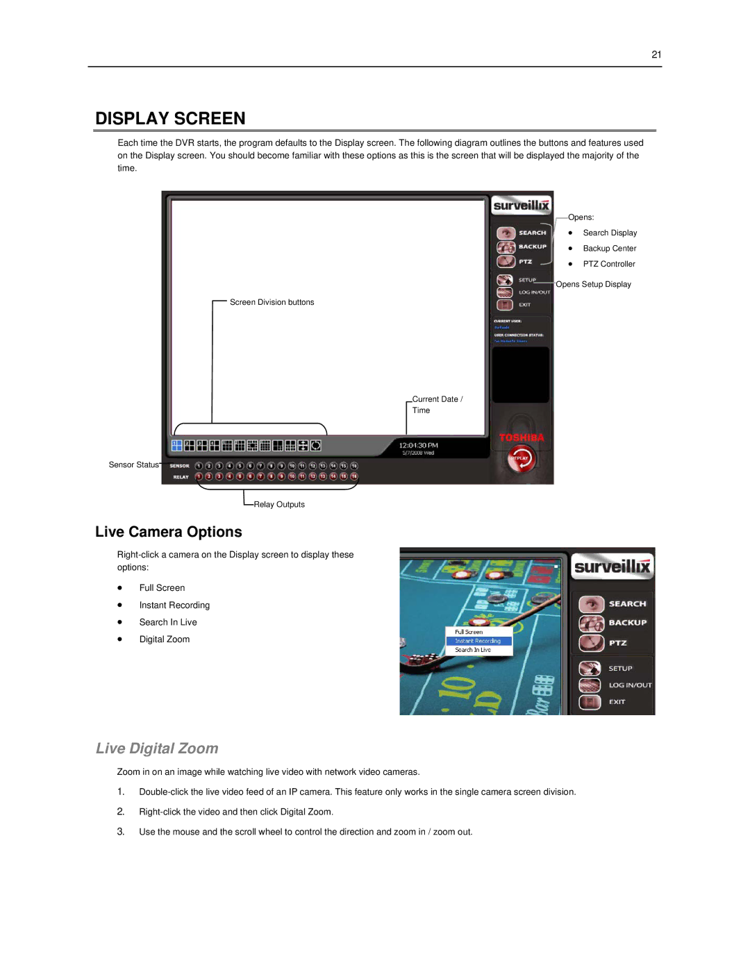 Toshiba SWIP-32, SWIP-16, SWIP-8 user manual Display Screen, Live Camera Options, Live Digital Zoom 