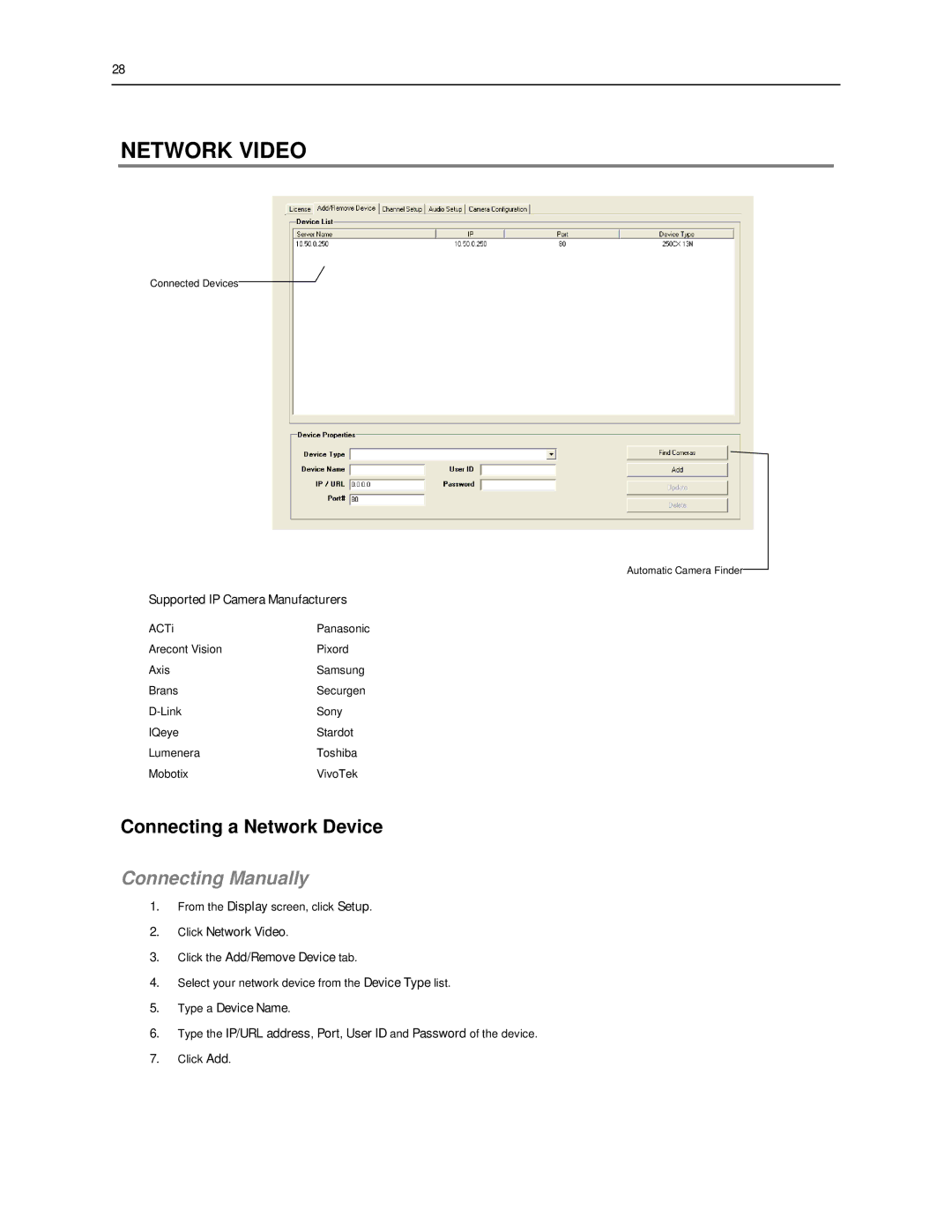 Toshiba SWIP-16, SWIP-8 Network Video, Connecting a Network Device, Connecting Manually, Supported IP Camera Manufacturers 