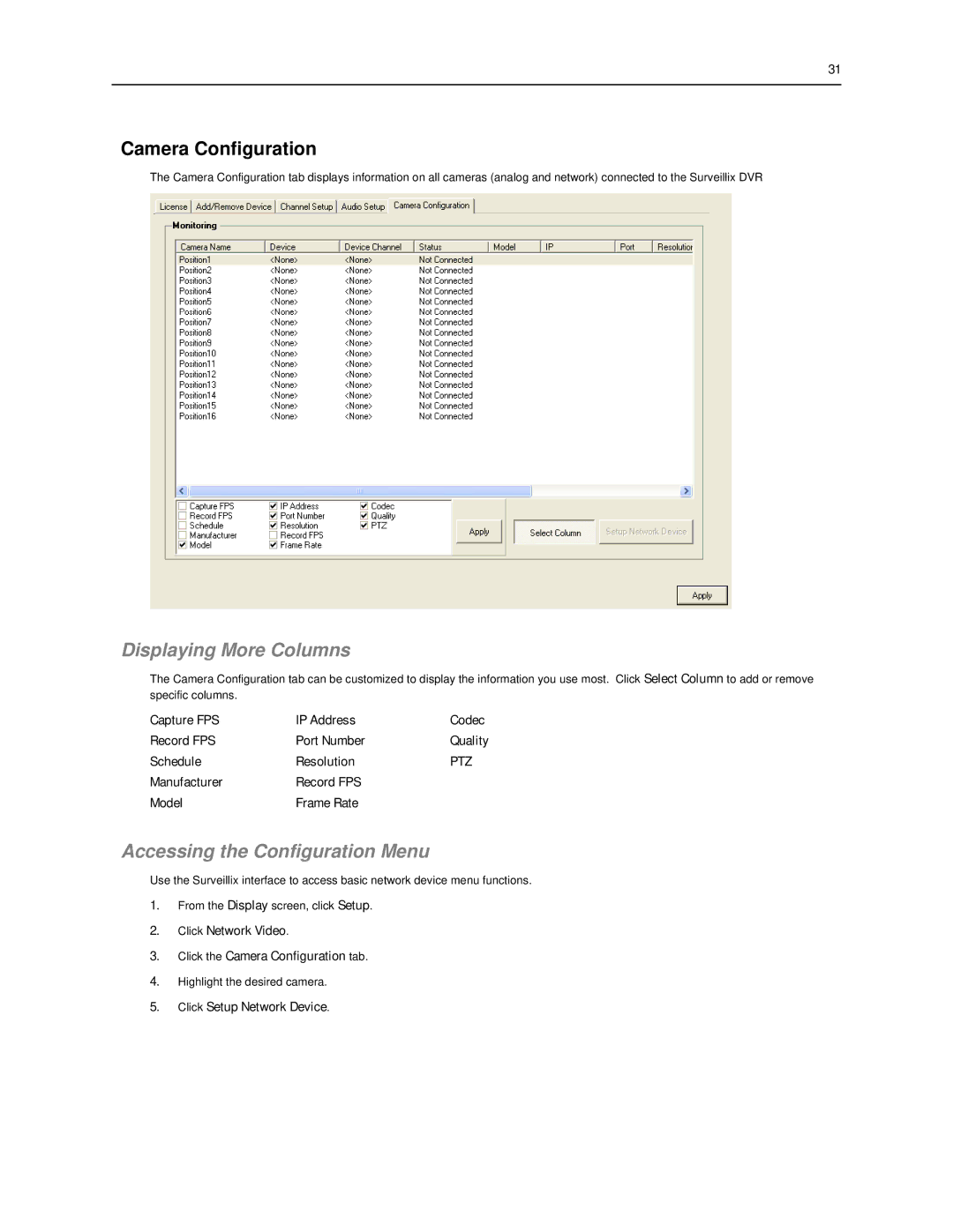 Toshiba SWIP-16, SWIP-32, SWIP-8 user manual Camera Configuration, Displaying More Columns, Accessing the Configuration Menu 