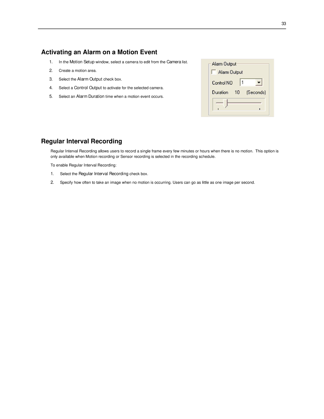 Toshiba SWIP-32, SWIP-16, SWIP-8 user manual Activating an Alarm on a Motion Event, Regular Interval Recording 