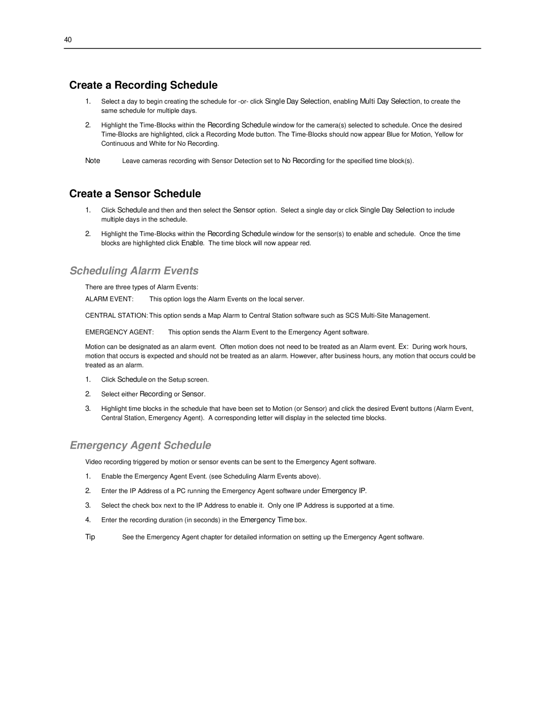 Toshiba SWIP-16 Create a Recording Schedule, Create a Sensor Schedule, Scheduling Alarm Events, Emergency Agent Schedule 