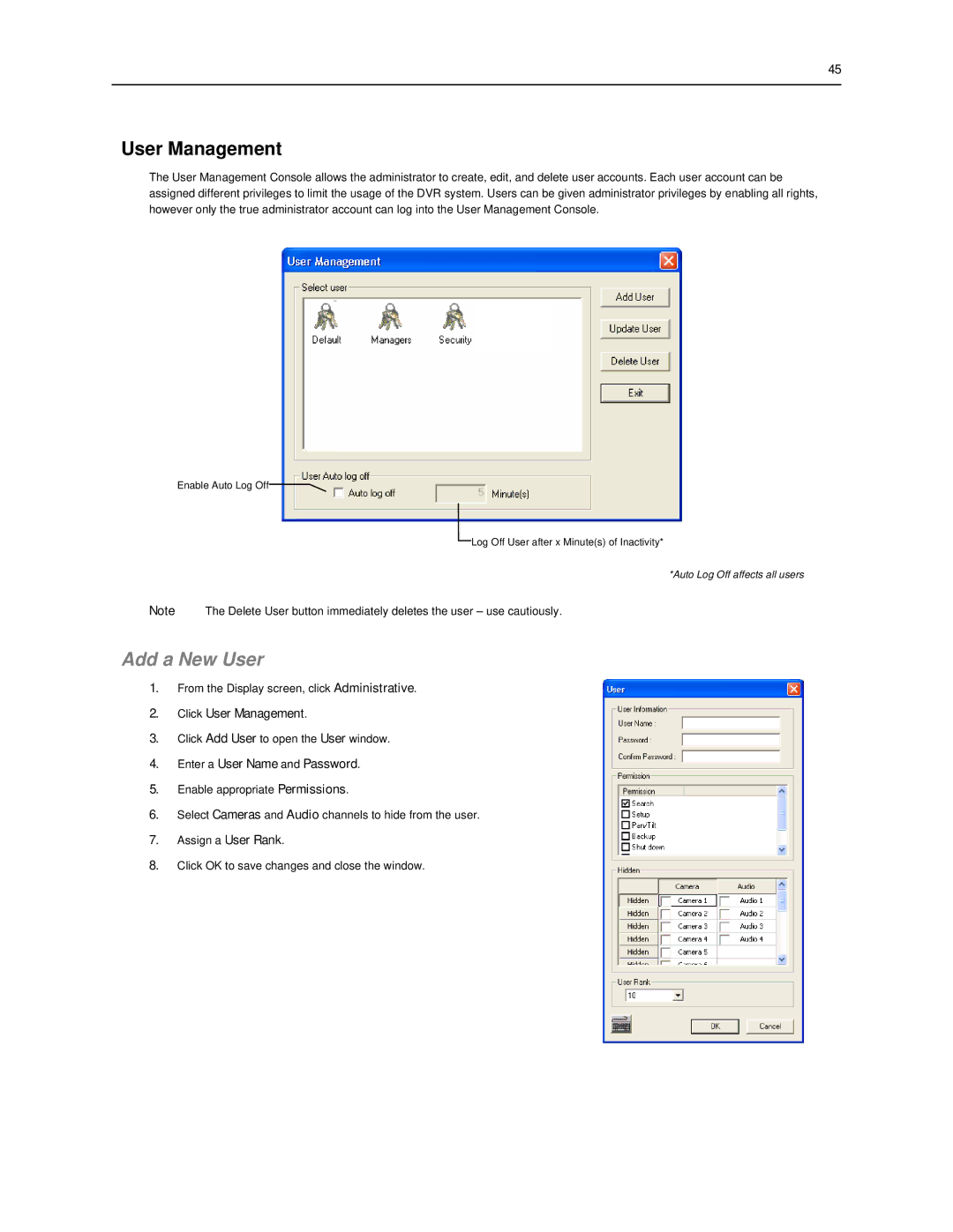 Toshiba SWIP-32, SWIP-16, SWIP-8 user manual Add a New User, Click User Management, Enter a User Name and Password 