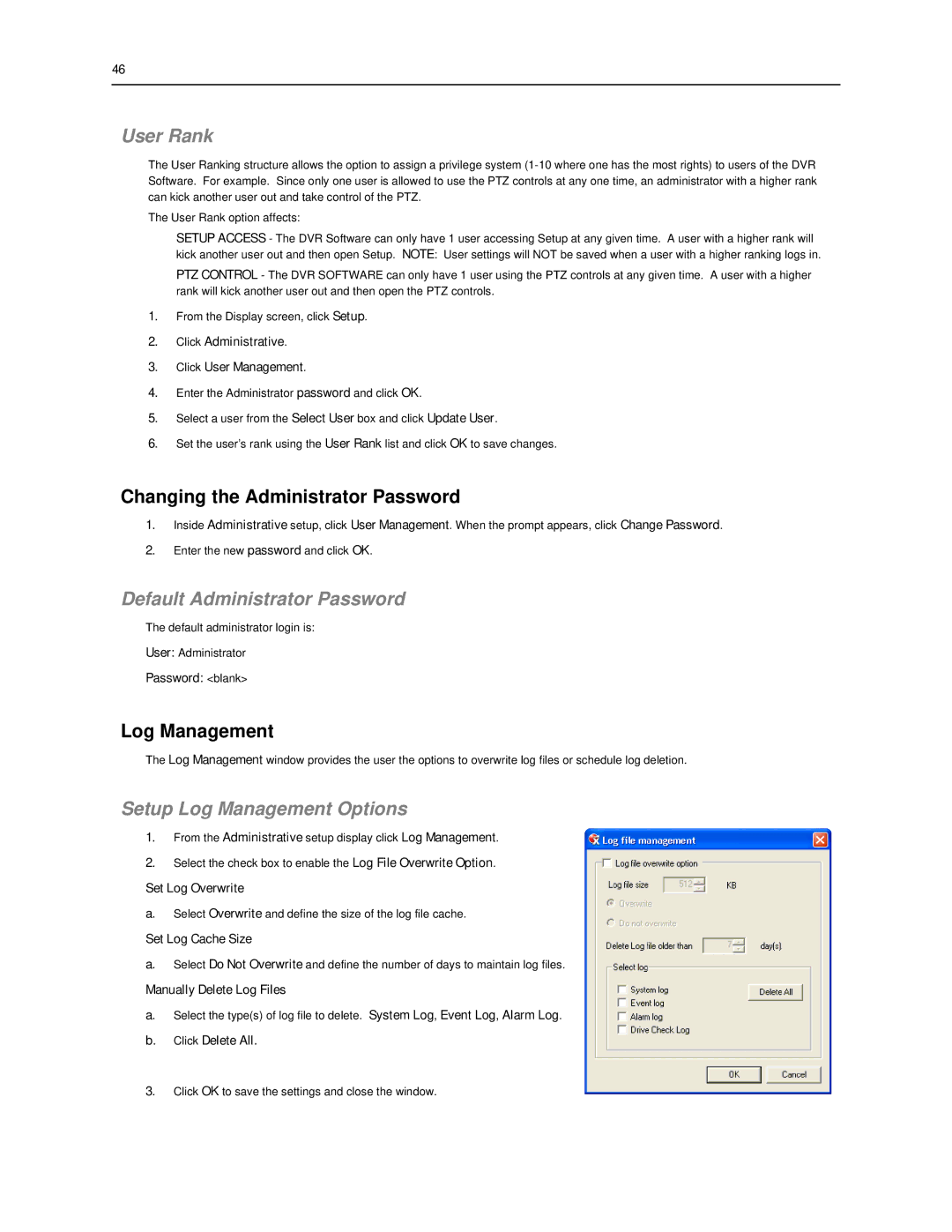 Toshiba SWIP-16, SWIP-32 User Rank, Changing the Administrator Password, Default Administrator Password, Log Management 