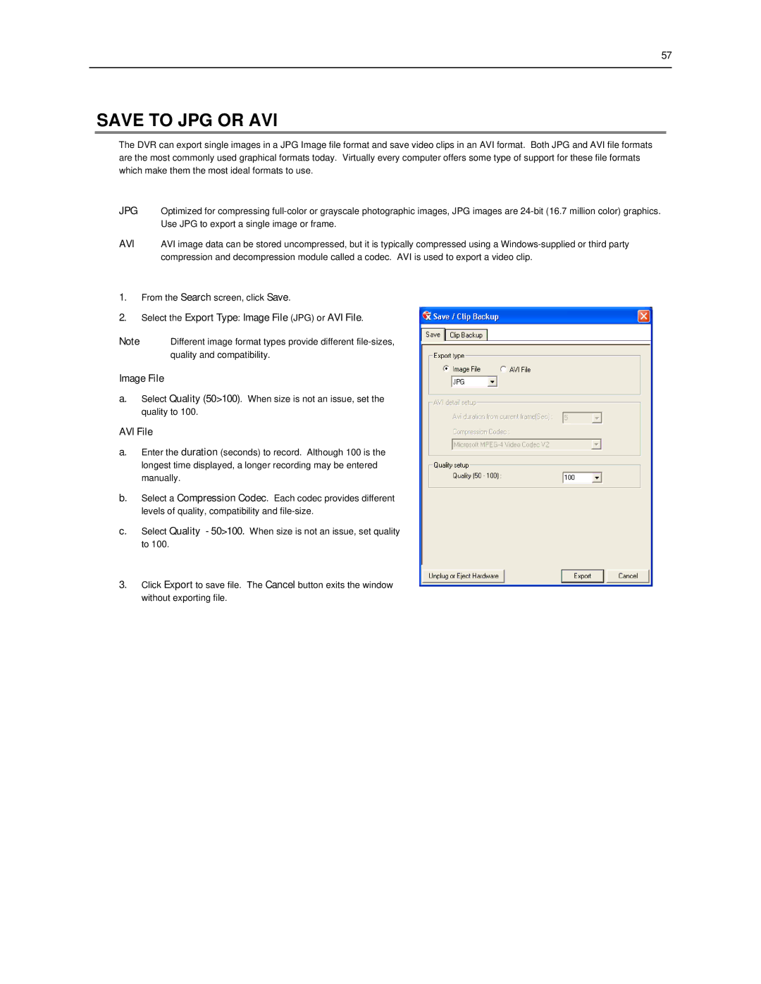 Toshiba SWIP-32, SWIP-16, SWIP-8 user manual Save to JPG or AVI, Select the Export Type Image File JPG or AVI File 