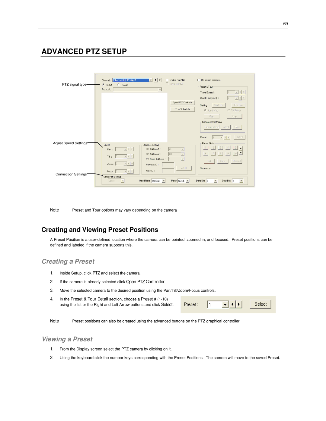 Toshiba SWIP-32, SWIP-16 Advanced PTZ Setup, Creating and Viewing Preset Positions, Creating a Preset, Viewing a Preset 