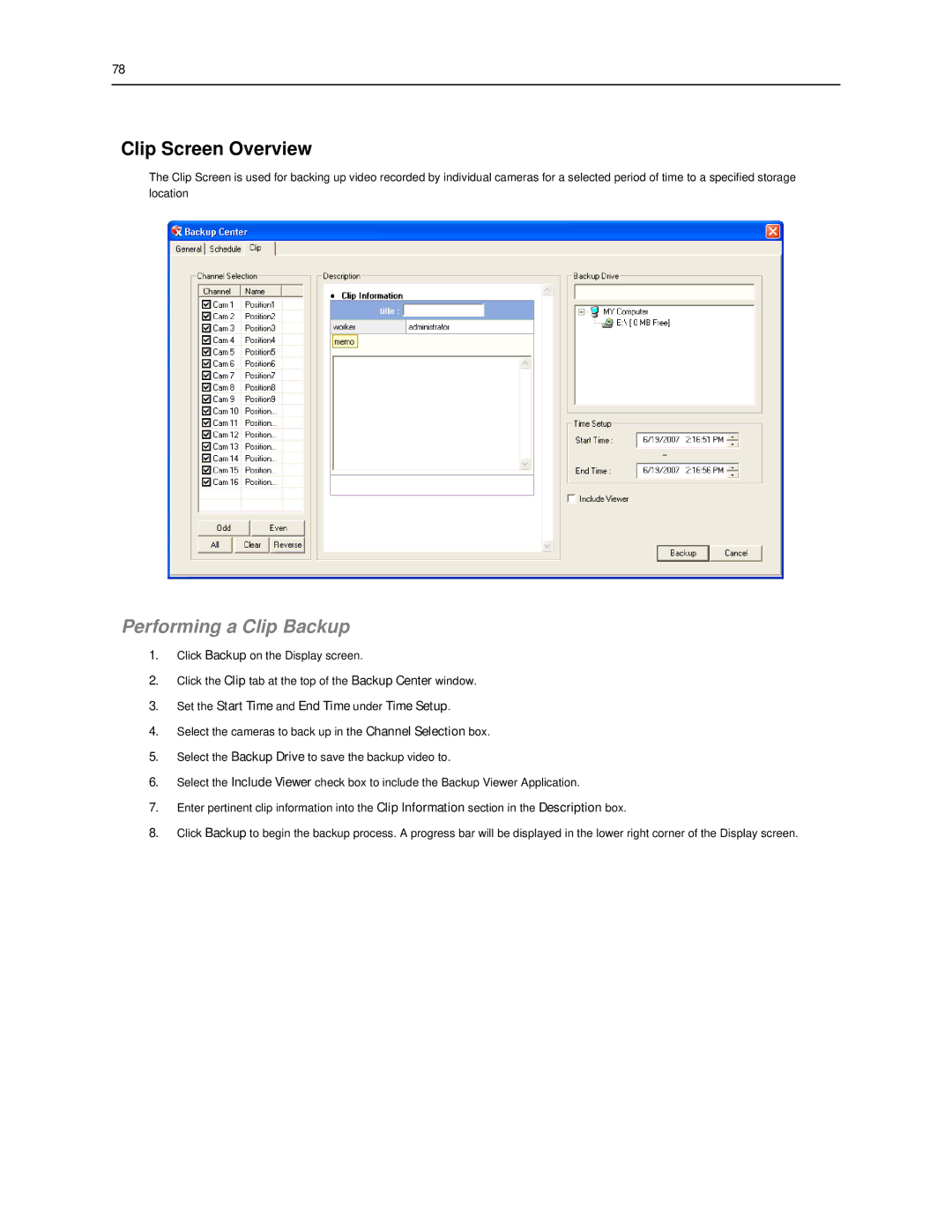 Toshiba SWIP-32, SWIP-16 Clip Screen Overview, Performing a Clip Backup, Set the Start Time and End Time under Time Setup 