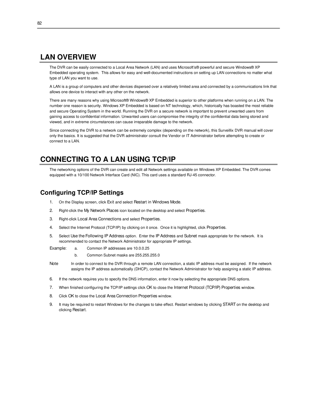 Toshiba SWIP-16, SWIP-32, SWIP-8 LAN Overview, Connecting to a LAN Using TCP/IP, Configuring TCP/IP Settings, Example 