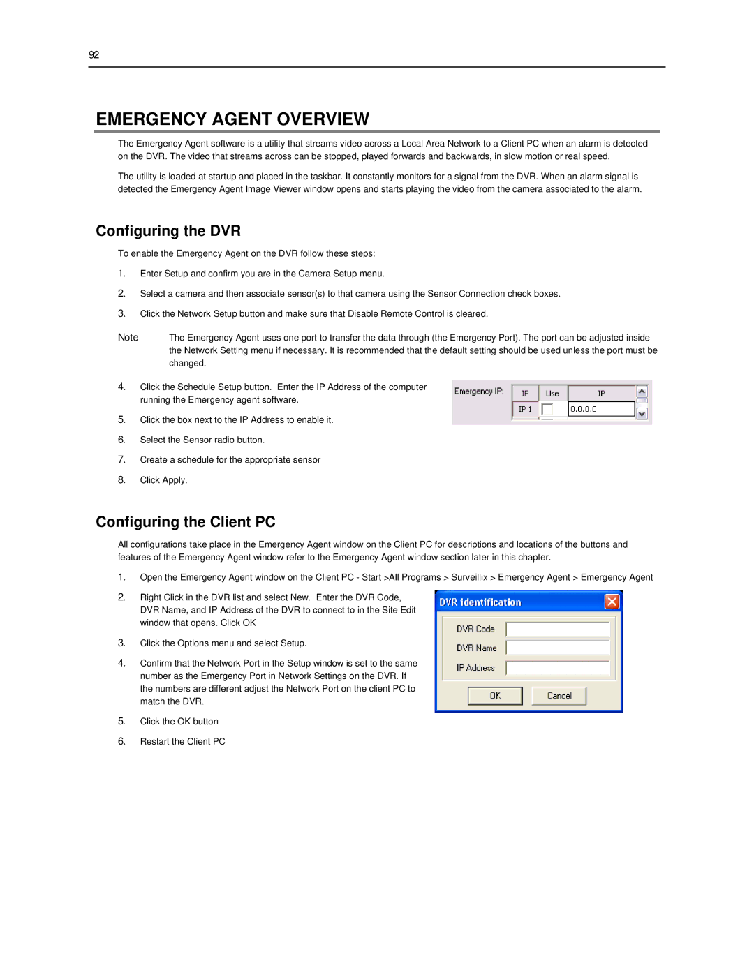 Toshiba SWIP-8, SWIP-32, SWIP-16 user manual Emergency Agent Overview, Configuring the DVR, Configuring the Client PC 