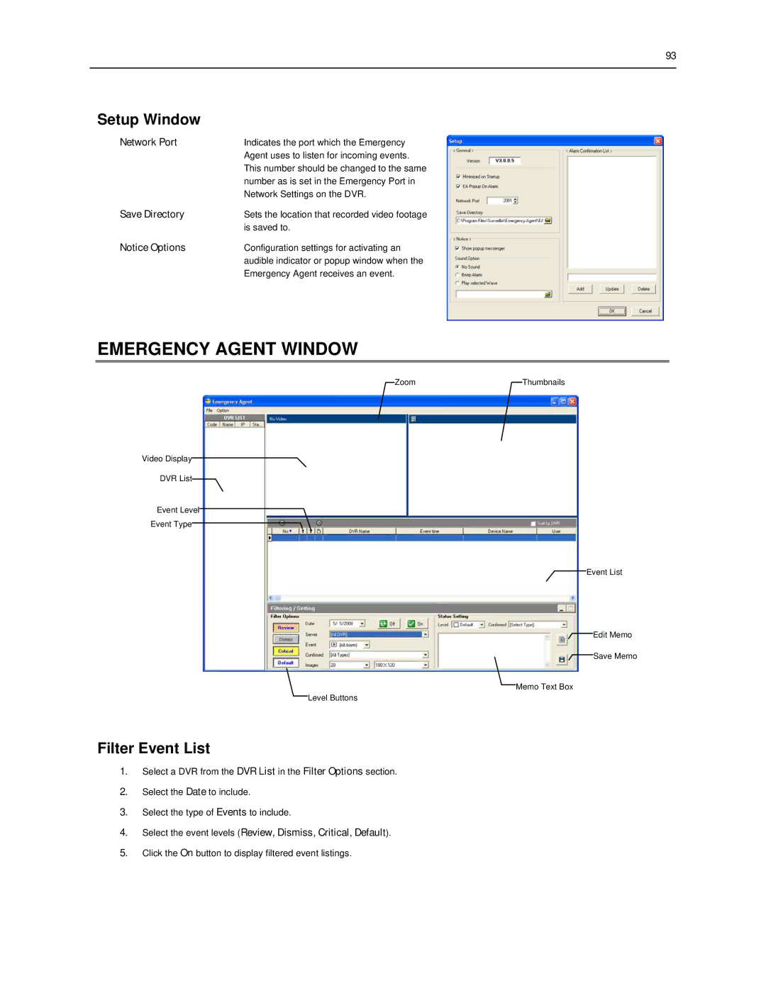 Toshiba SWIP-32, SWIP-16, SWIP-8 user manual Emergency Agent Window, Setup Window, Filter Event List 