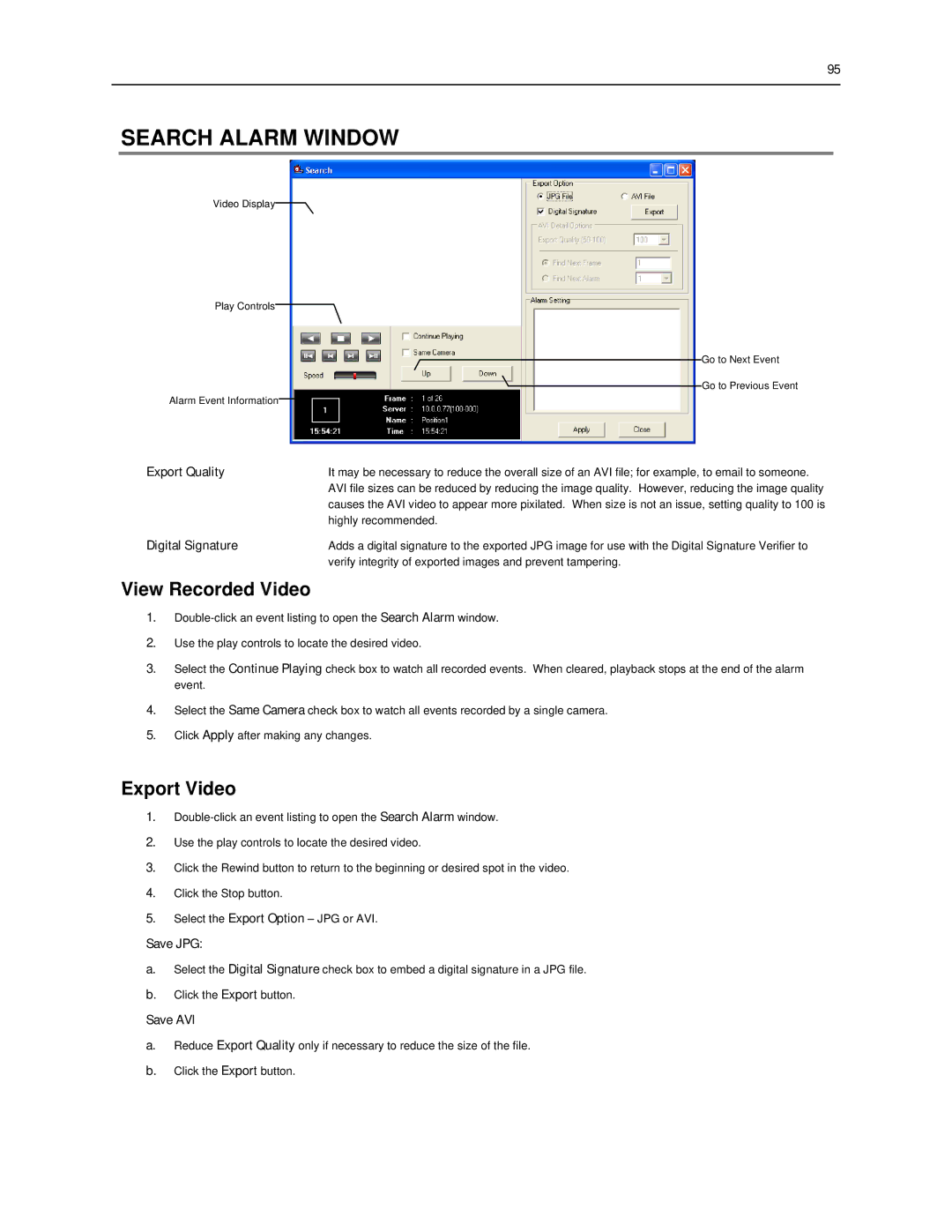 Toshiba SWIP-8, SWIP-32, SWIP-16 user manual Search Alarm Window, View Recorded Video, Export Video 