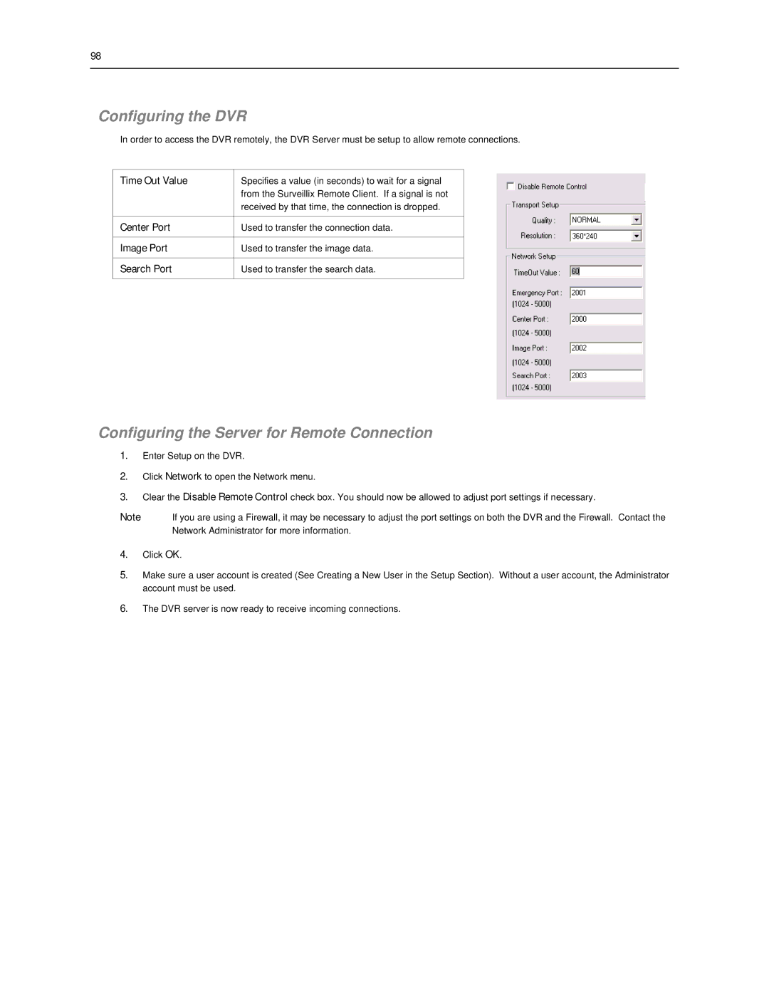 Toshiba SWIP-8, SWIP-32, SWIP-16 user manual Configuring the DVR, Configuring the Server for Remote Connection 