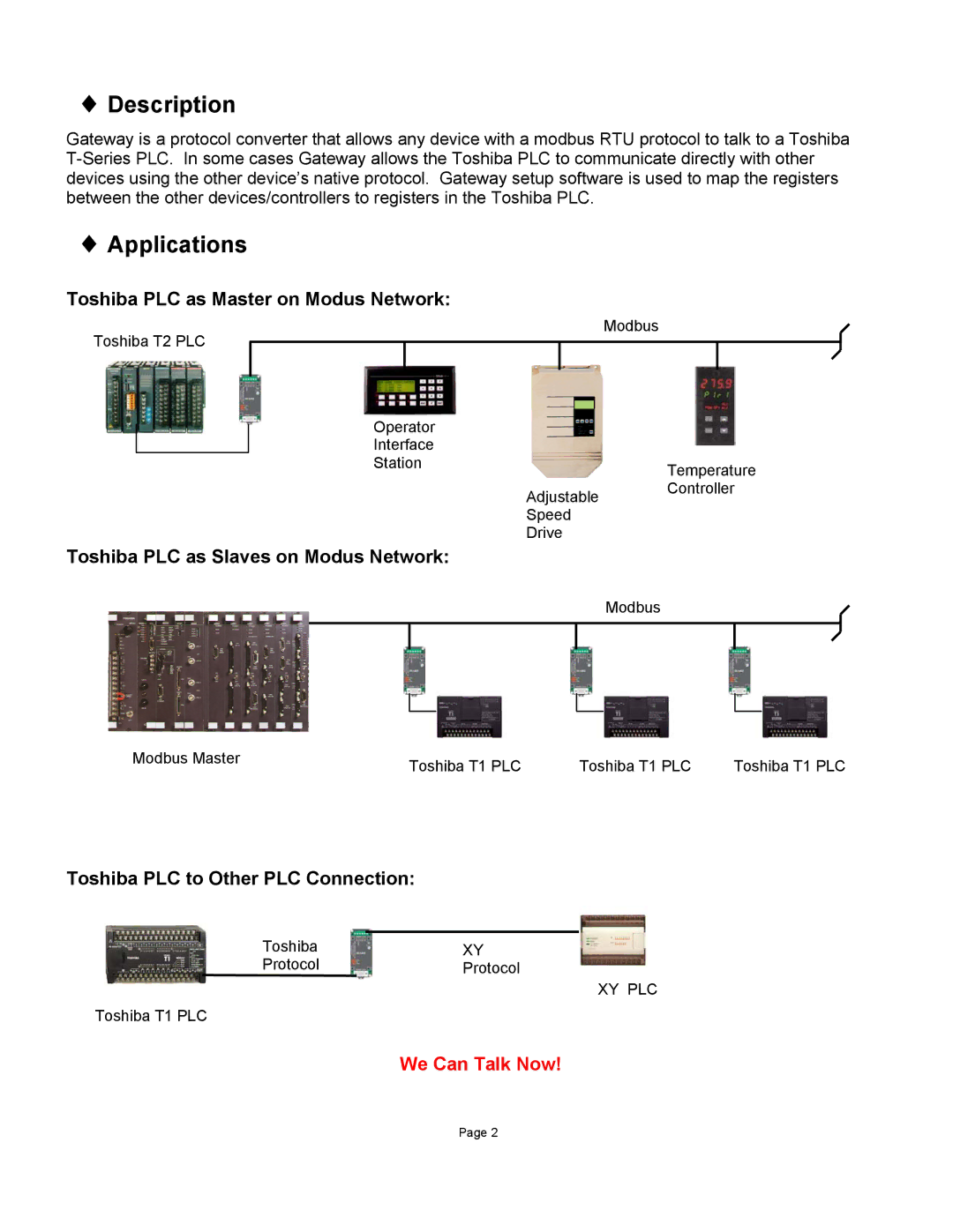 Toshiba T1-40 PLC Description, Applications, Toshiba PLC as Master on Modus Network, Toshiba PLC to Other PLC Connection 