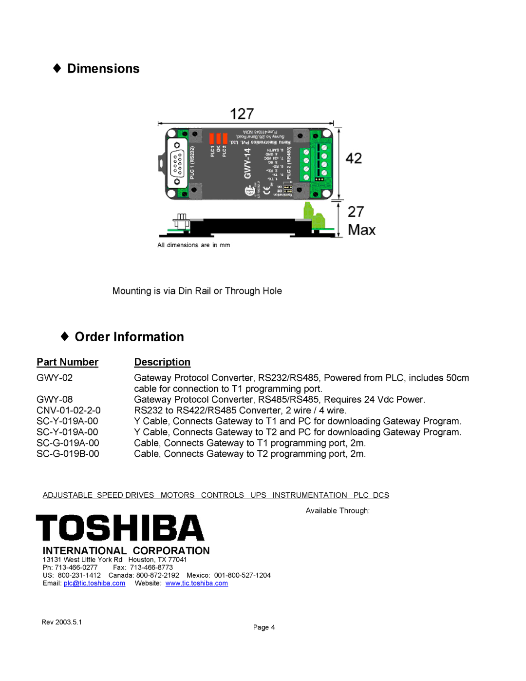 Toshiba T1-40 PLC manual Dimensions, Order Information, Part Number Description 