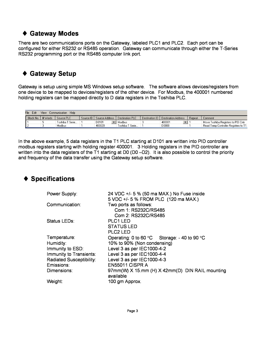 Toshiba T1-40 PLC manual Gateway Modes, Gateway Setup, Specifications 