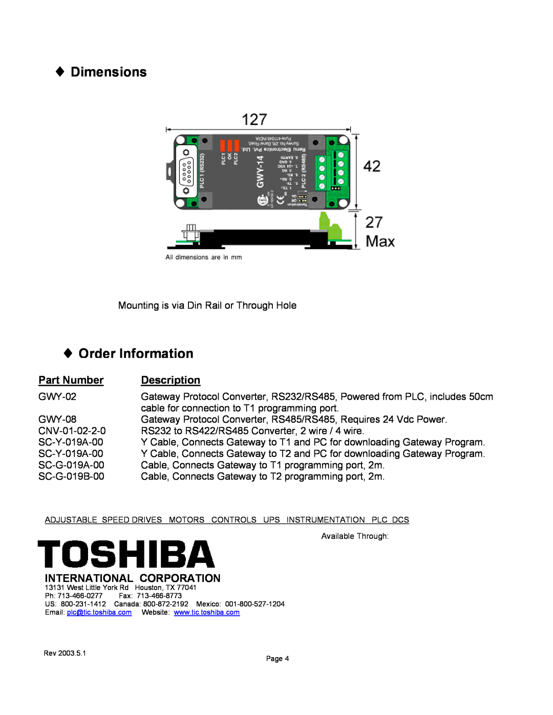 Toshiba T1-40 PLC manual Dimensions, Order Information, Part Number, Description, International Corporation 