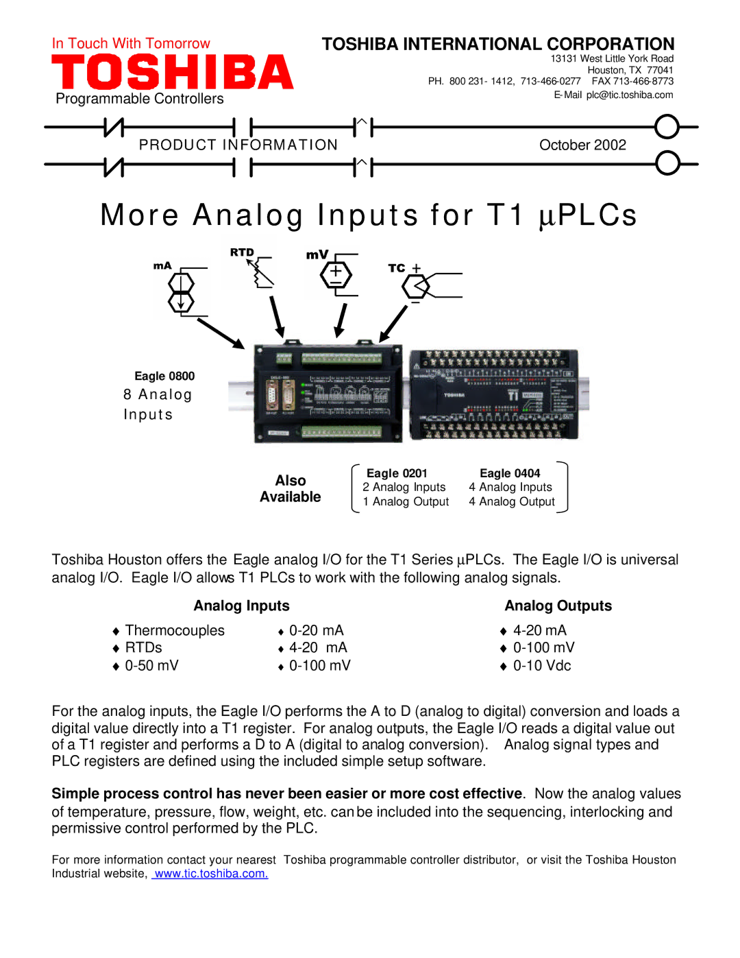 Toshiba T1 Series PLCs manual Analog Inputs Also, Analog Inputs Analog Outputs 