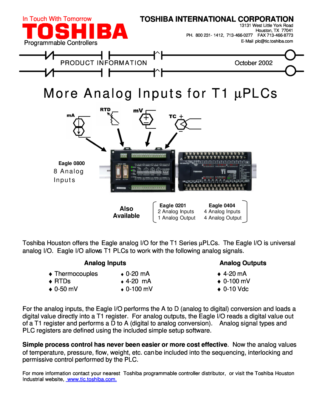 Toshiba T1 Series PLCs manual More Analog Inputs for T1 μPLCs, Toshiba International Corporation, In Touch With Tomorrow 