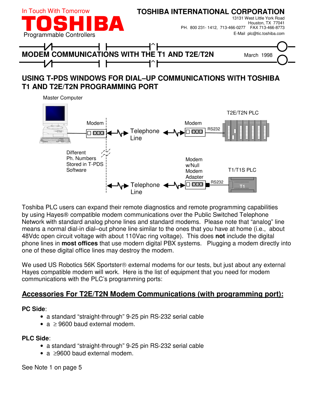 Toshiba manual Modem Communications with the T1 and T2E/T2N, Toshiba International Corporation 