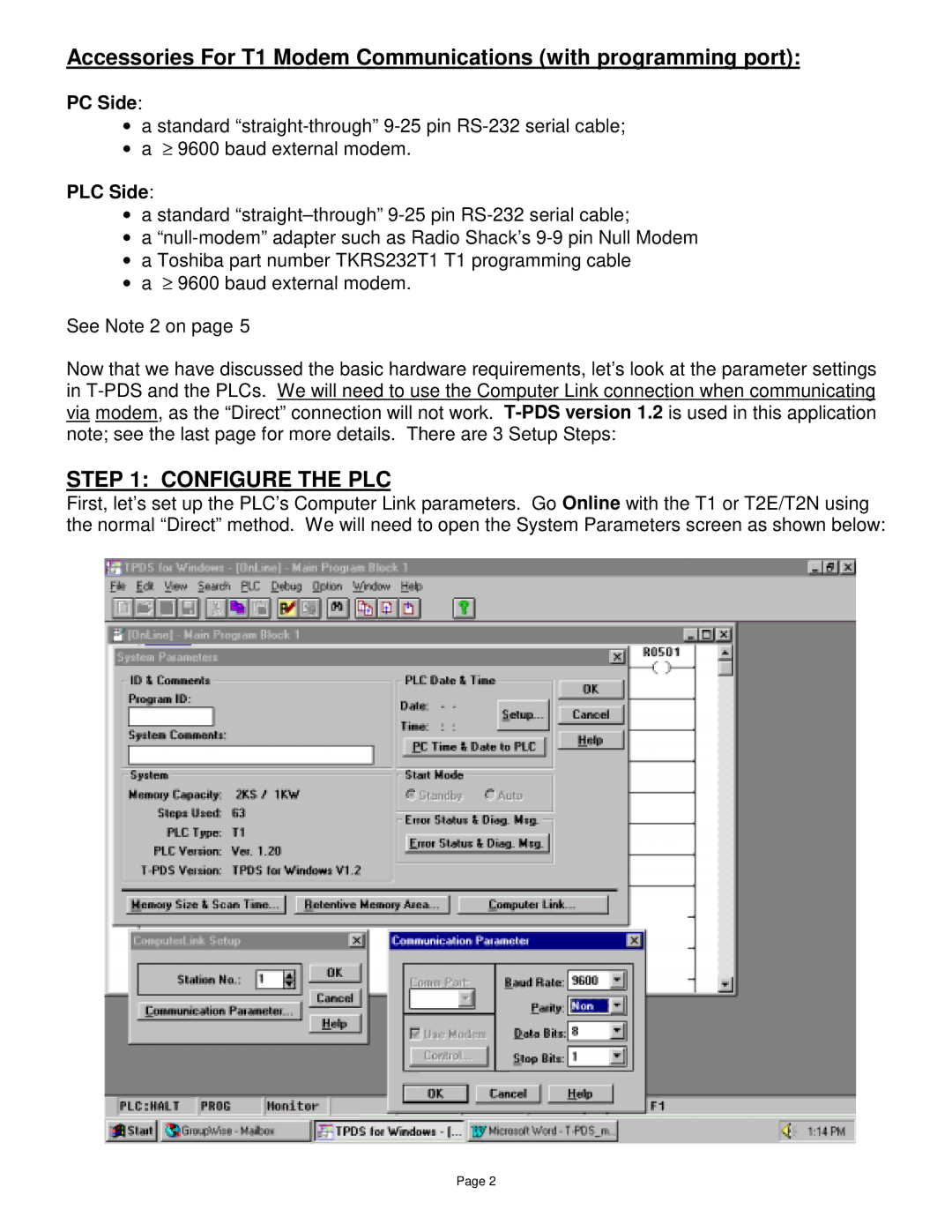 Toshiba T1 manual Configure the PLC 