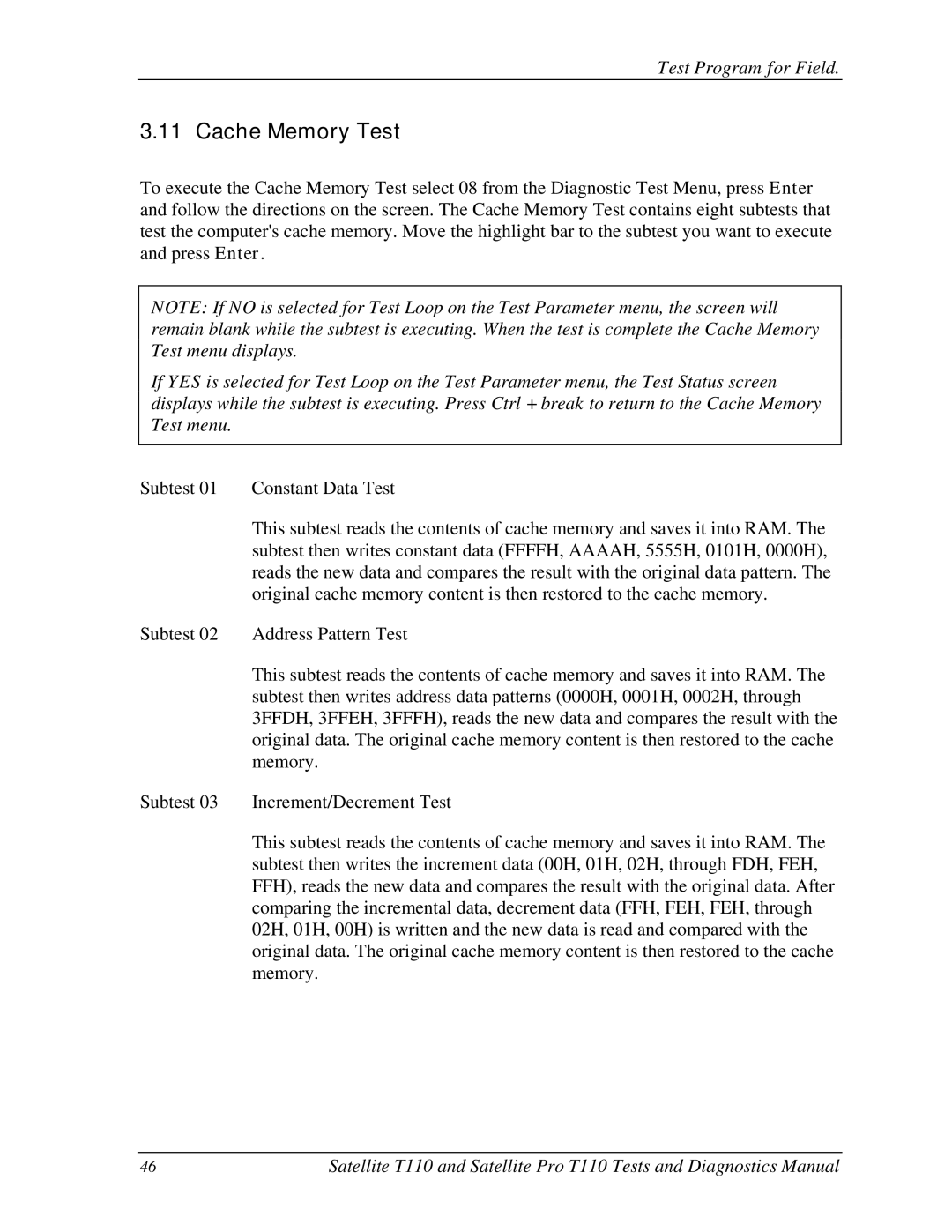 Toshiba T110, ProT1!0 manual Cache Memory Test 