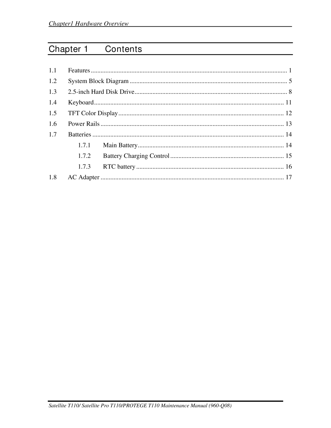 Toshiba T110, ProT1!0 manual Chapter Contents 