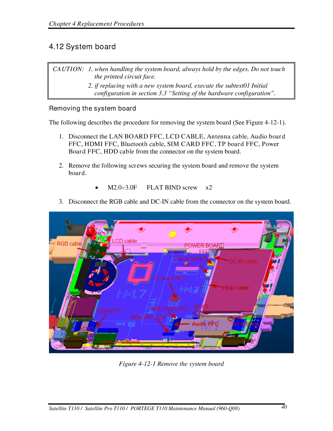 Toshiba T110, ProT1!0 manual System board, Removing the system board 