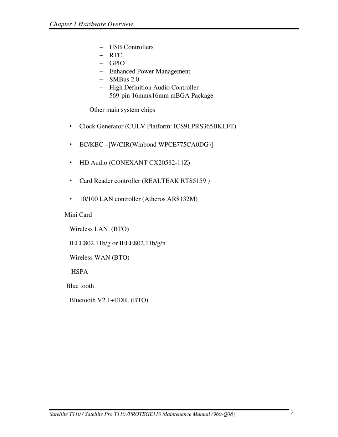 Toshiba T110, ProT1!0 manual RTC − Gpio 