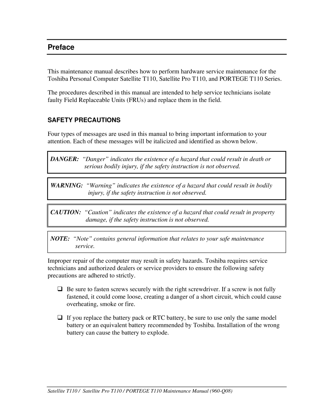 Toshiba ProT1!0, T110 manual Preface, Safety Precautions 