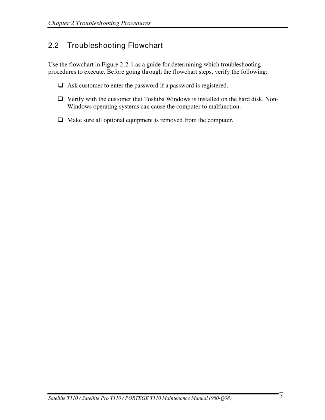 Toshiba T110, ProT1!0 manual Troubleshooting Flowchart 