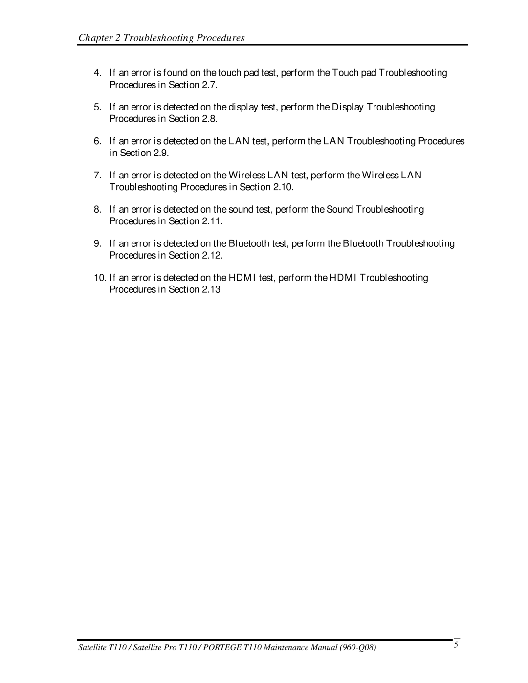 Toshiba ProT1!0, T110 manual Troubleshooting Procedures 