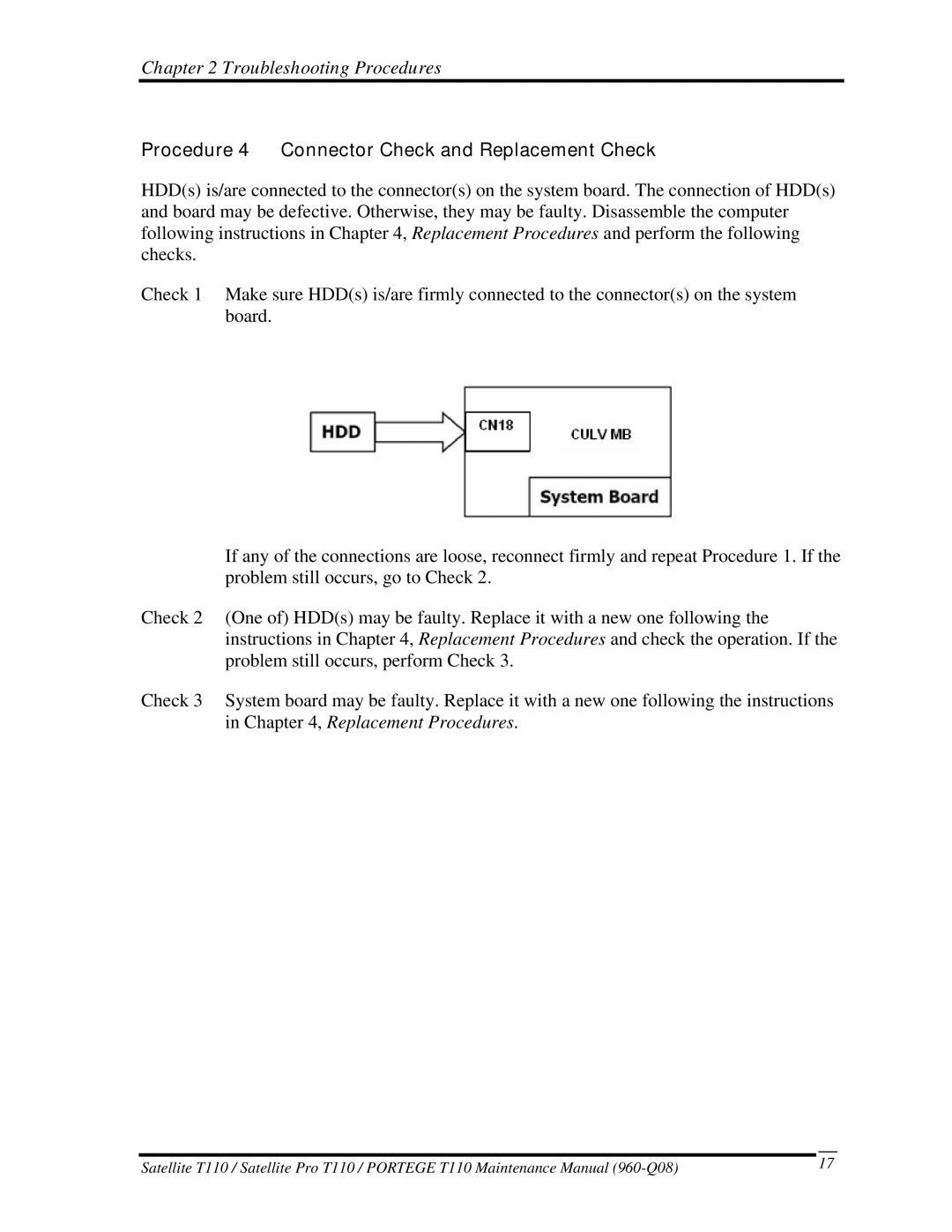 Toshiba ProT1!0, T110 manual Procedure 4 Connector Check and Replacement Check 