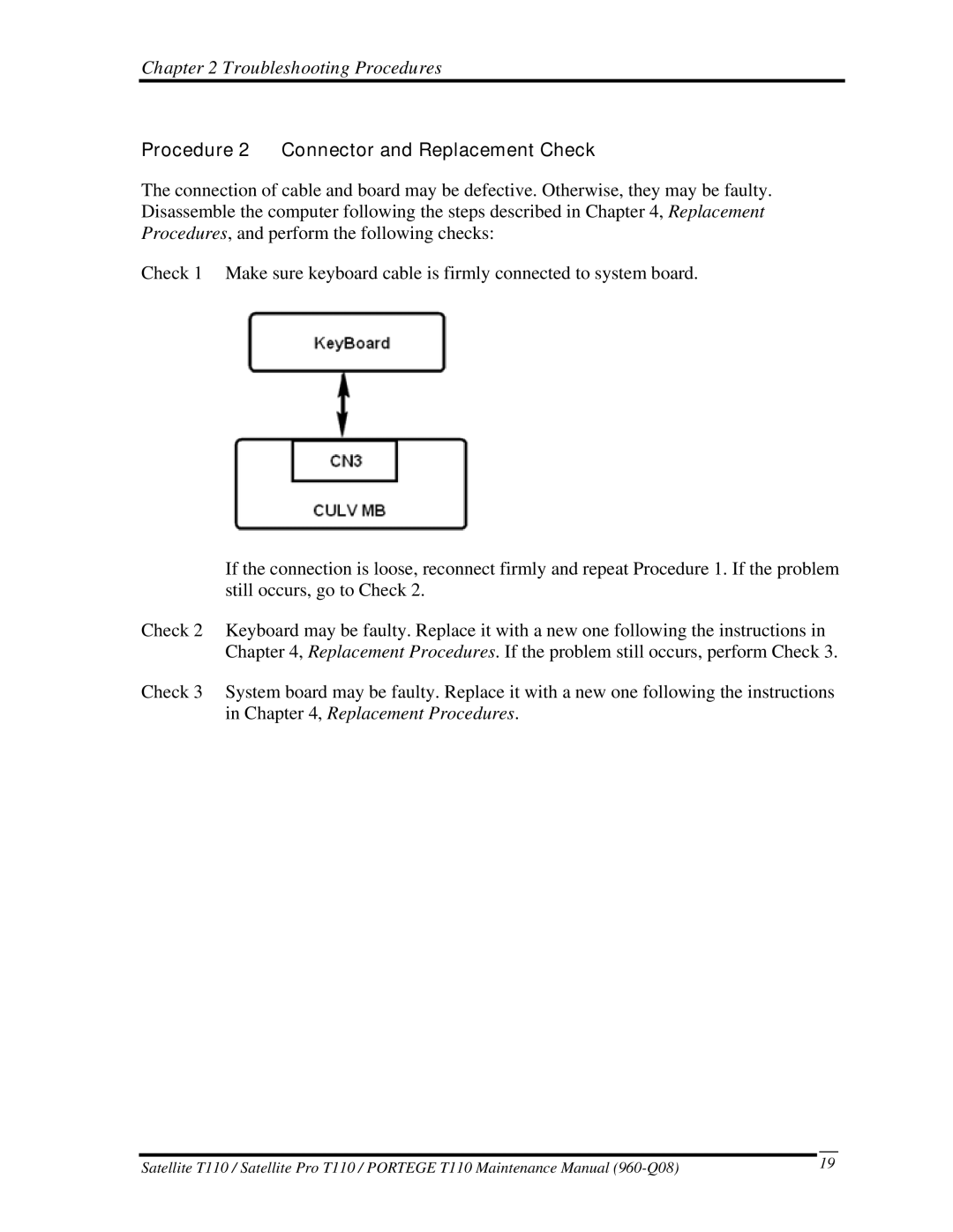 Toshiba ProT1!0, T110 manual Procedure 2 Connector and Replacement Check 