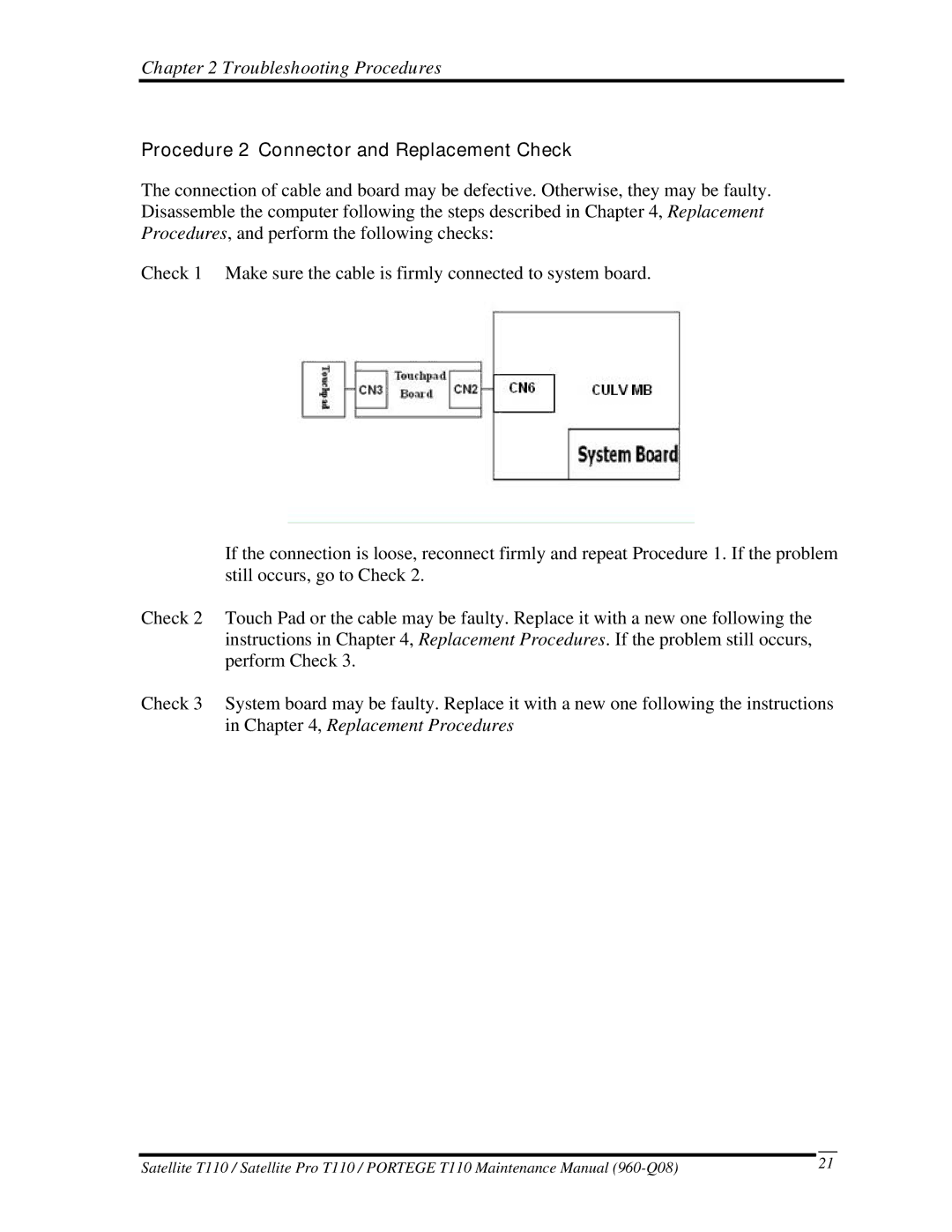 Toshiba ProT1!0, T110 manual Procedure 2 Connector and Replacement Check 