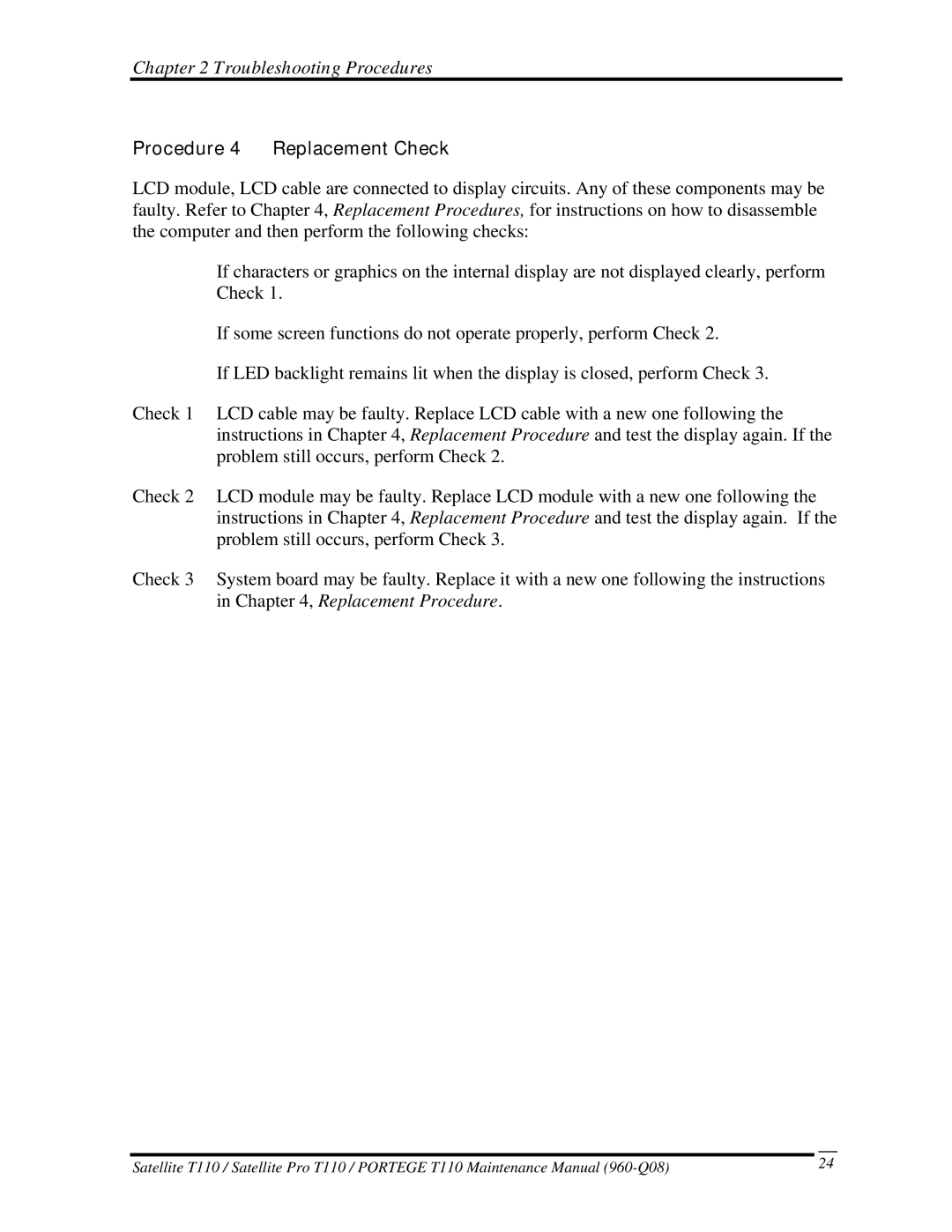 Toshiba T110, ProT1!0 manual Procedure 4 Replacement Check 