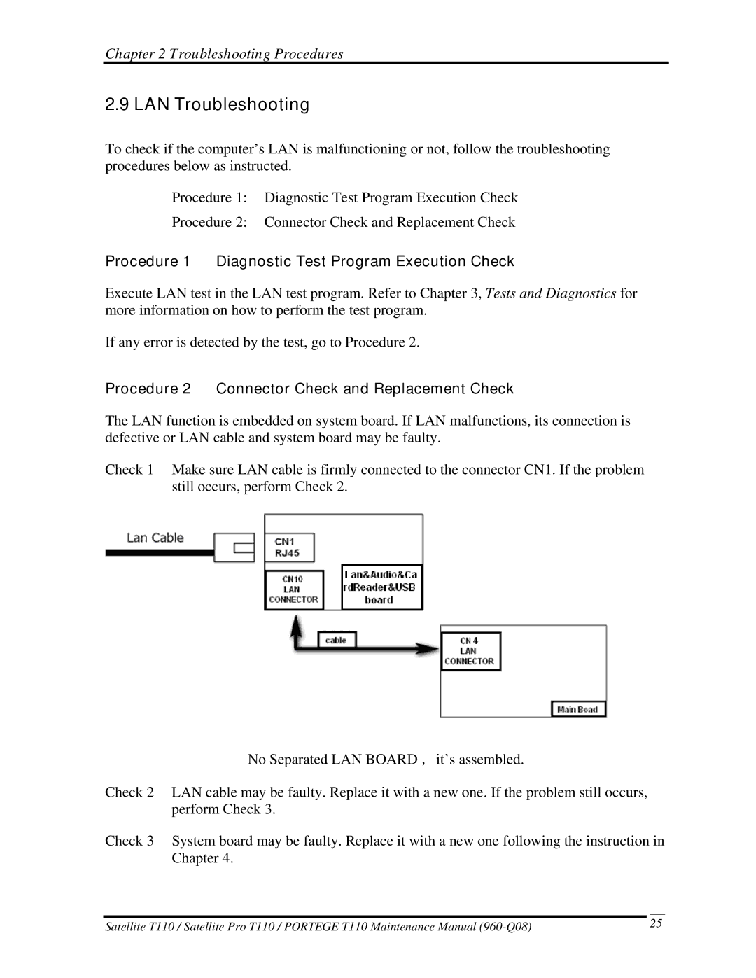 Toshiba ProT1!0, T110 manual LAN Troubleshooting, Procedure 2 Connector Check and Replacement Check 