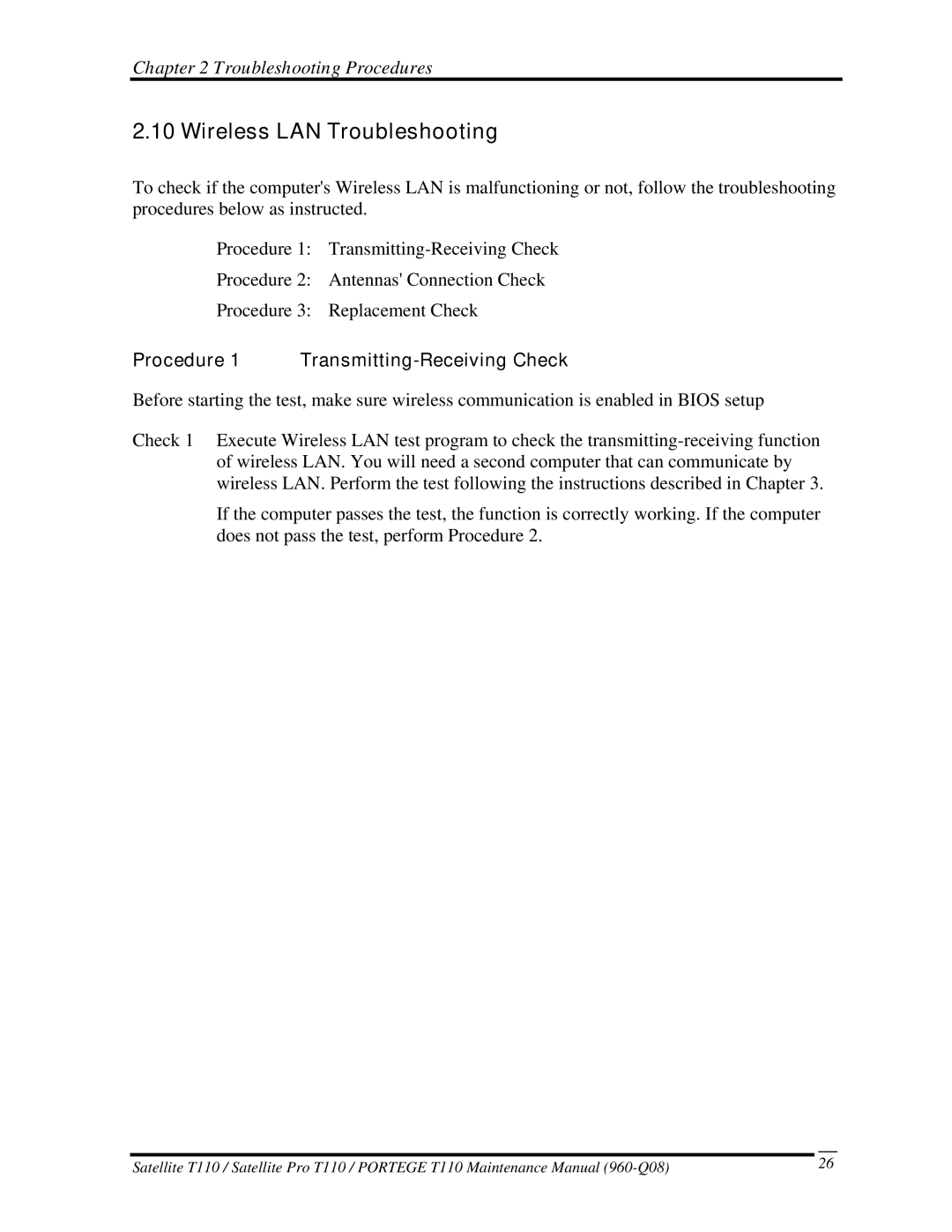Toshiba T110, ProT1!0 manual Wireless LAN Troubleshooting, Procedure 1 Transmitting-Receiving Check 