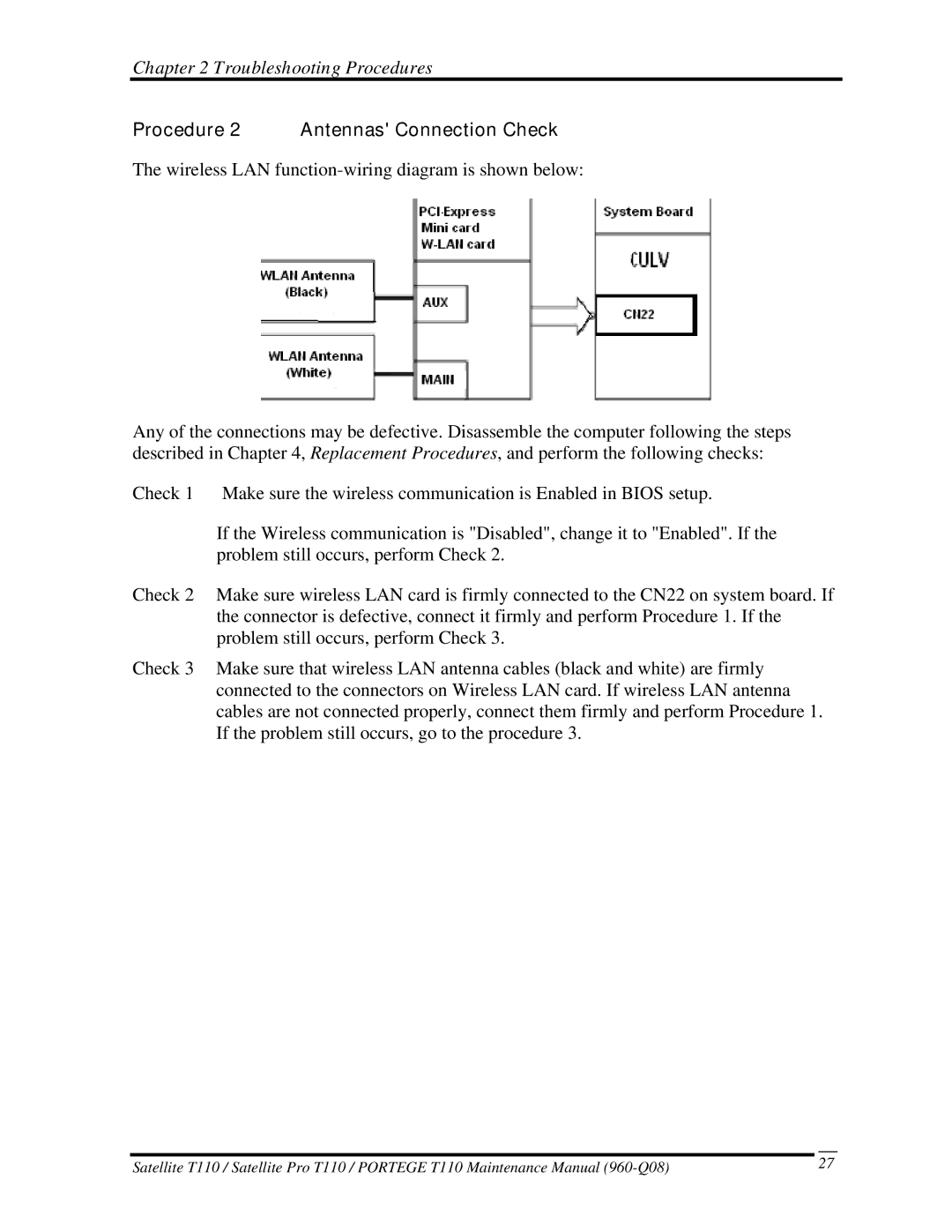 Toshiba ProT1!0, T110 manual Procedure 2 Antennas Connection Check 