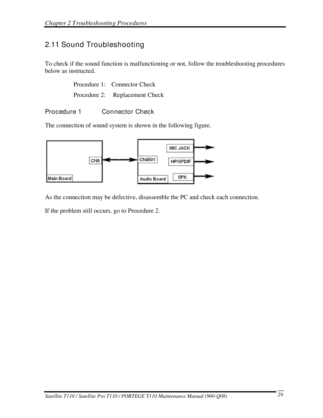 Toshiba ProT1!0, T110 manual Sound Troubleshooting, Procedure 