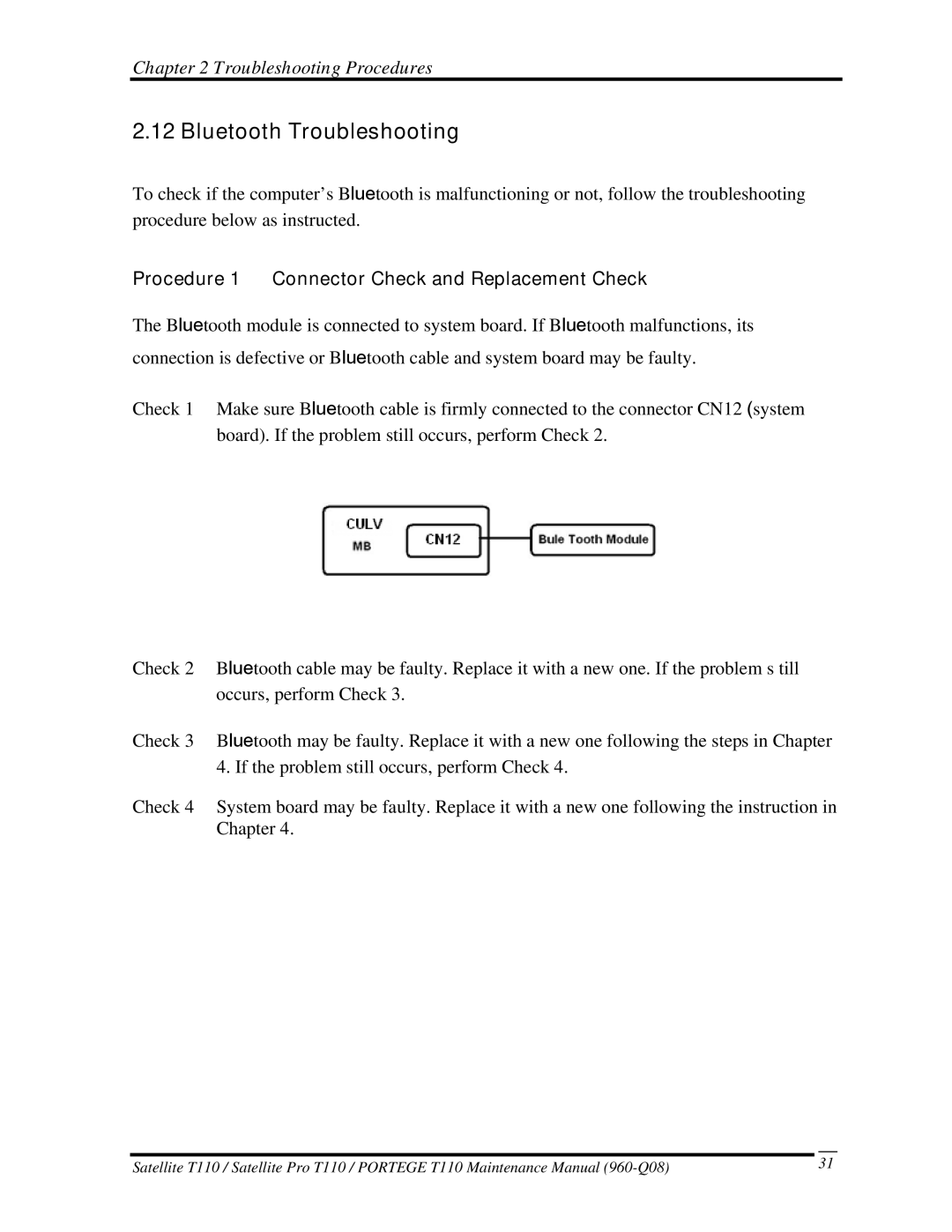 Toshiba ProT1!0, T110 manual Bluetooth Troubleshooting, Procedure 1 Connector Check and Replacement Check 